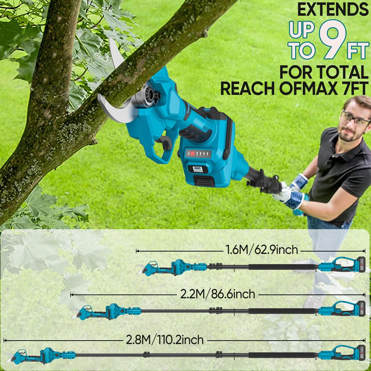 Sécateur Électrique Sans Fil avec Perche, 40MM Sécateur Électrique Télescopique avec 2 x 4,0Ah Batteries, Portée Maximale 1,6-2,8M, Moteur Brushless 1000W, Sécateur à Batterie pour Jardinage/Arbres