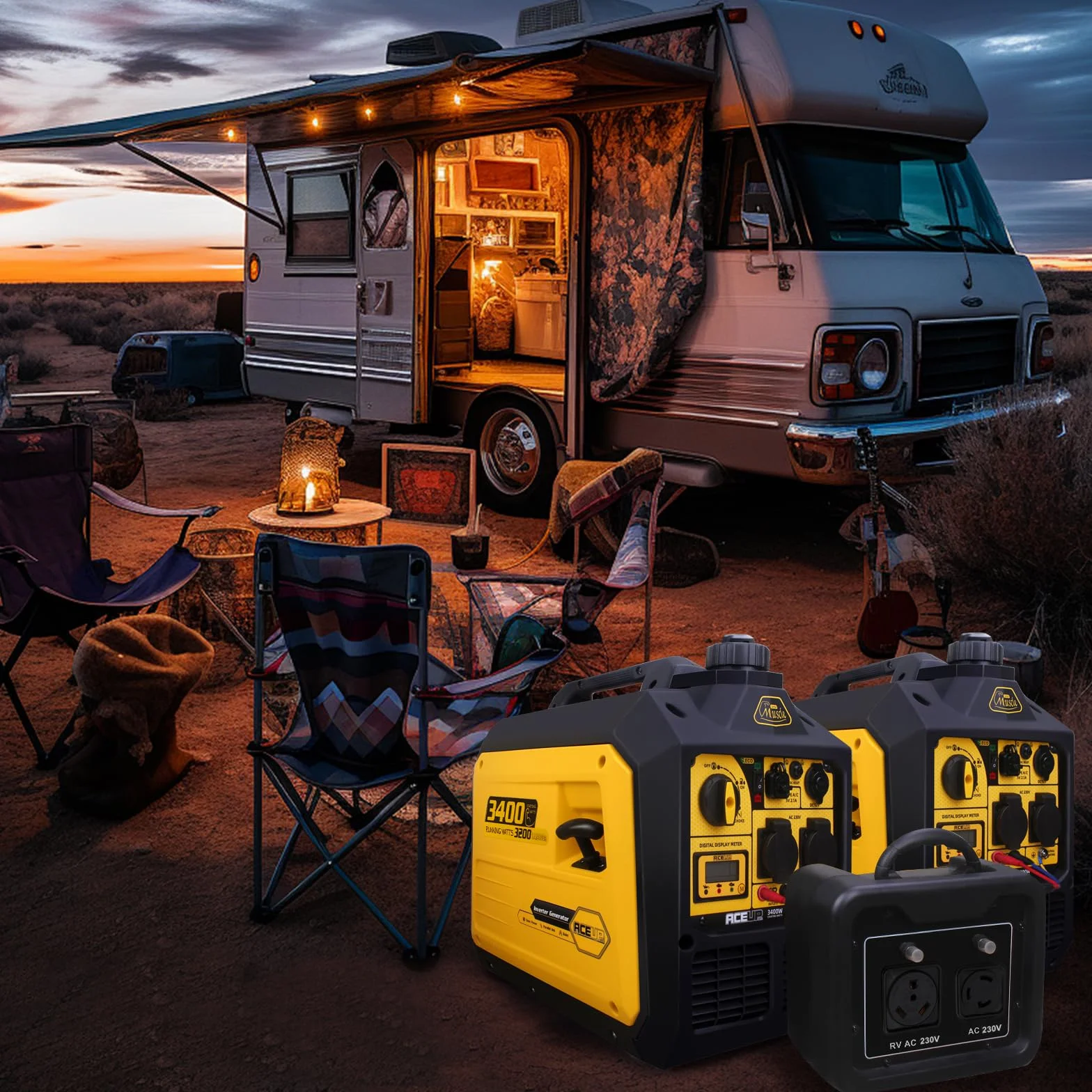 Aceup Energy 3400 W Générateur à onduleur, générateur à essence, générateur de secours avec prises de courant CA 230 V, 12 V et 5 V, moteur 4 temps, réservoir de 5 litres, pour le camping, la maison