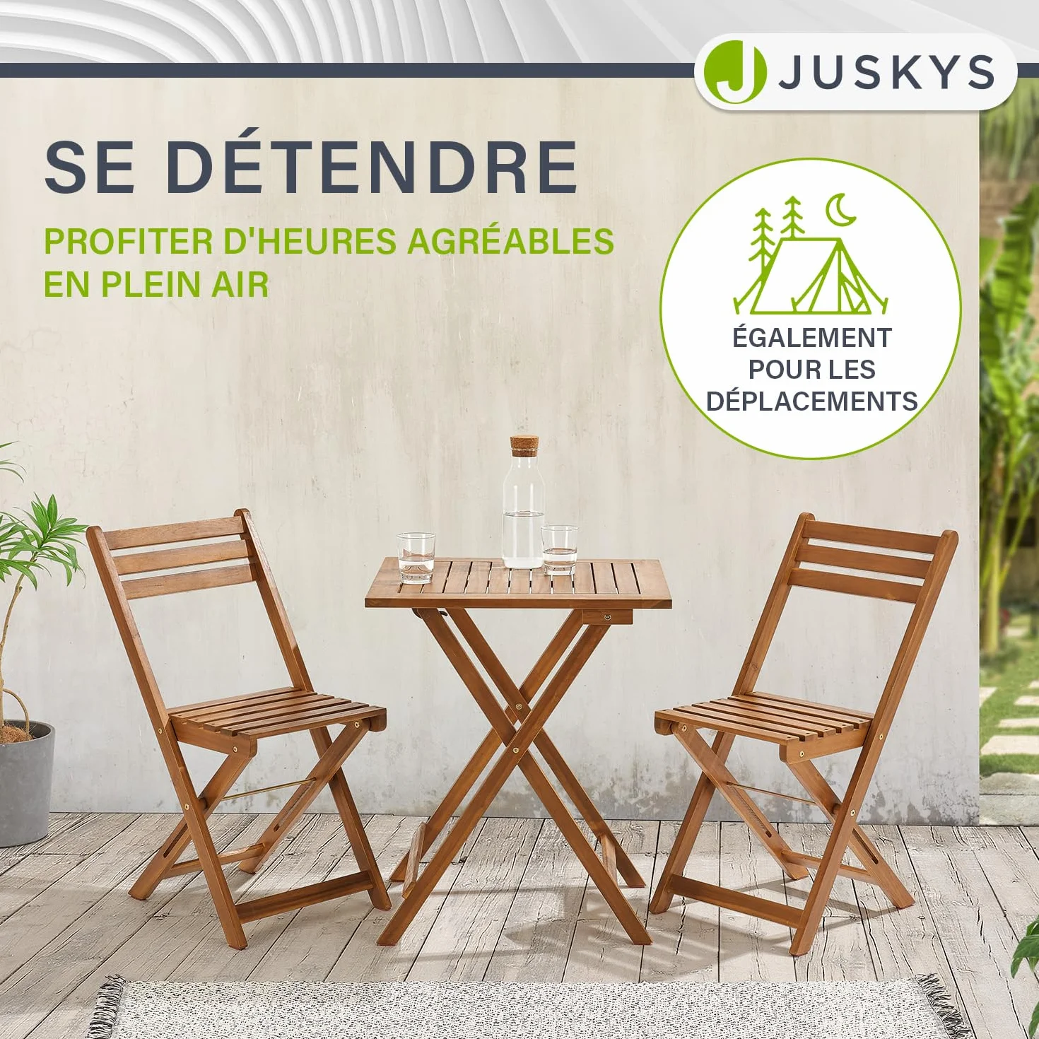 Juskys Ensemble de Meubles de Balcon 3 pièces Bois Pliables Table Chaises