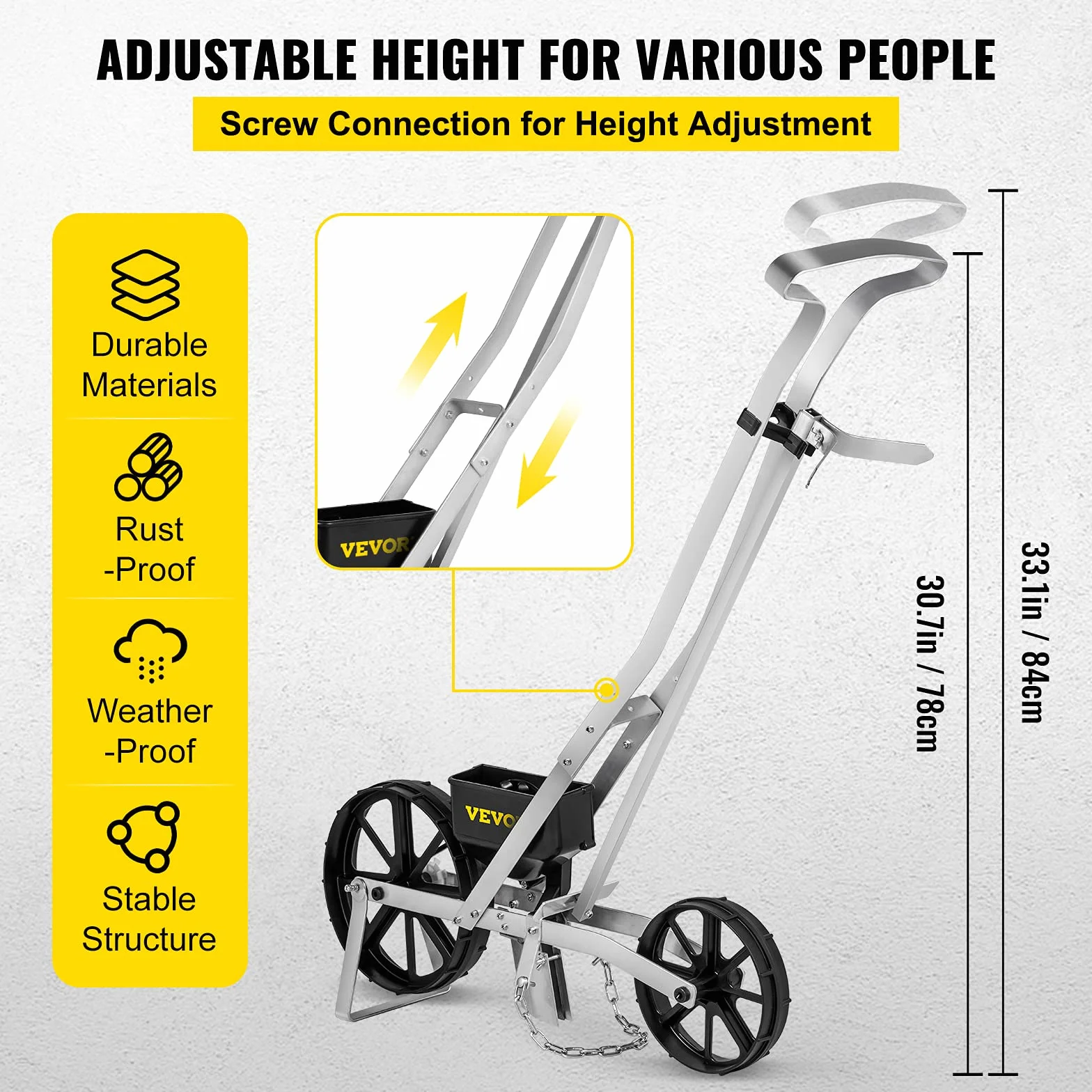 VEVOR Semoir Jardin Manuel Aluminium ABS Épandeur Engrais Gazon 78-84 cm Distributeur Graines Précision Métal 6 Plaques de Semences Roue Avant 6 cm Arrière 5 cm pour Graines Maïs, Radis, Carotte, Pois