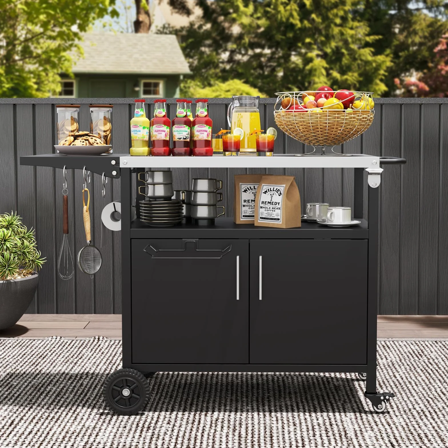 GOPLUS Desserte Jardin 3 Niveaux avec Plan de Travail Pliant, Porte-Serviettes, 6 Crochets, Mobile Préparation Exterieur, Charge 100KG
