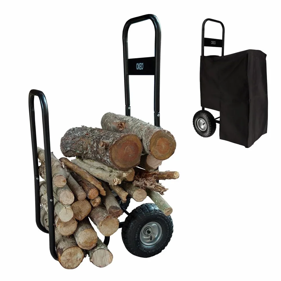 Chariot à bûches à roulettes - adapté aux bûches de 33 et 50 cm - charge max 150kg - bâche de protection incluse