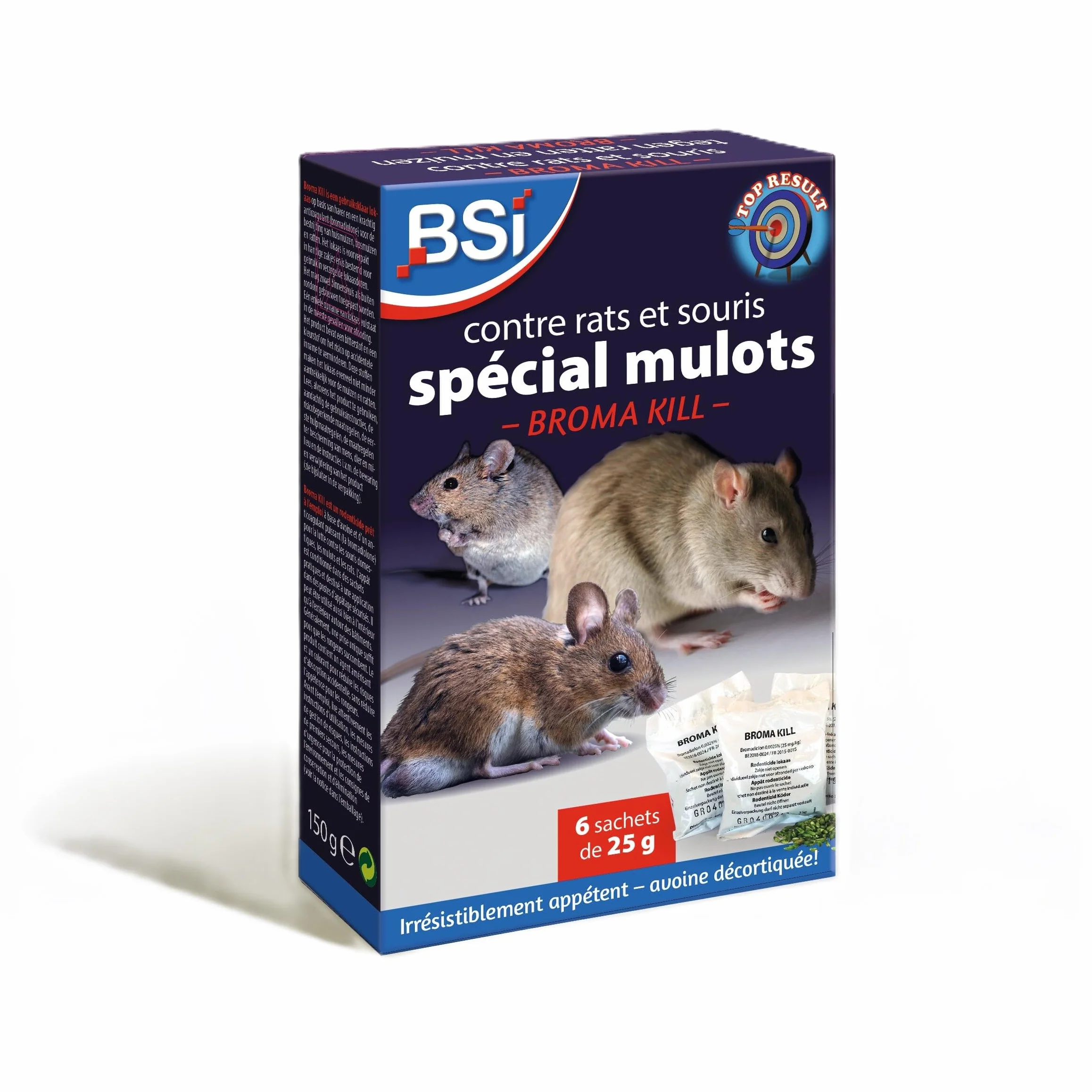 BSI - Anti Rats - Souris Et Mulots - 150g - Grains - Efficacité Radicale - Avoine Attrayante - 6 x 25g - Prêt A l'emploi - Haute Qualité - Autour comme pour La Maison, Violet