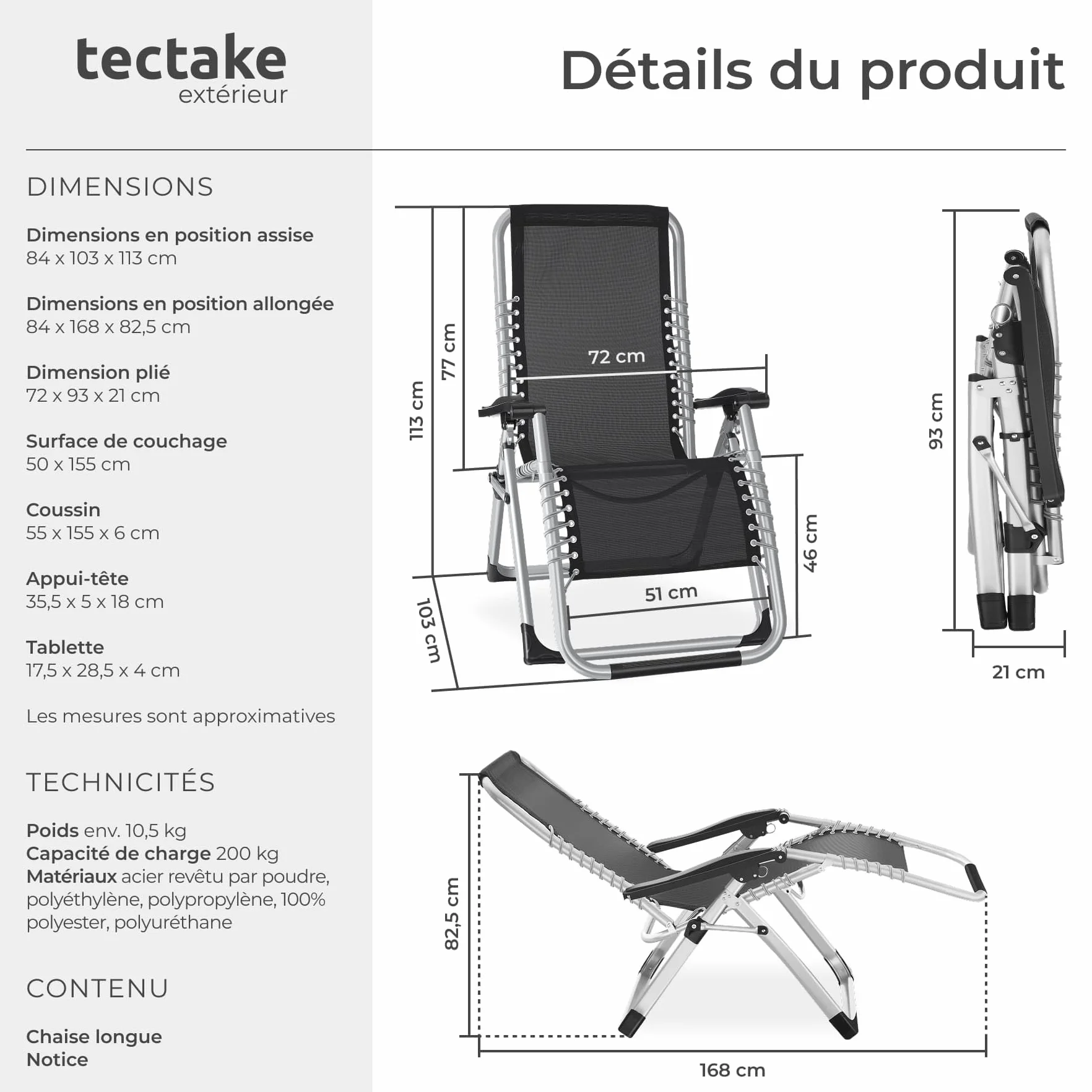 Tectake Fauteuil de Jardin Pliable avec Rembourrage, Repose Pieds, Accoudoirs, Appuie-tête Amovible, Structure Acier époxy