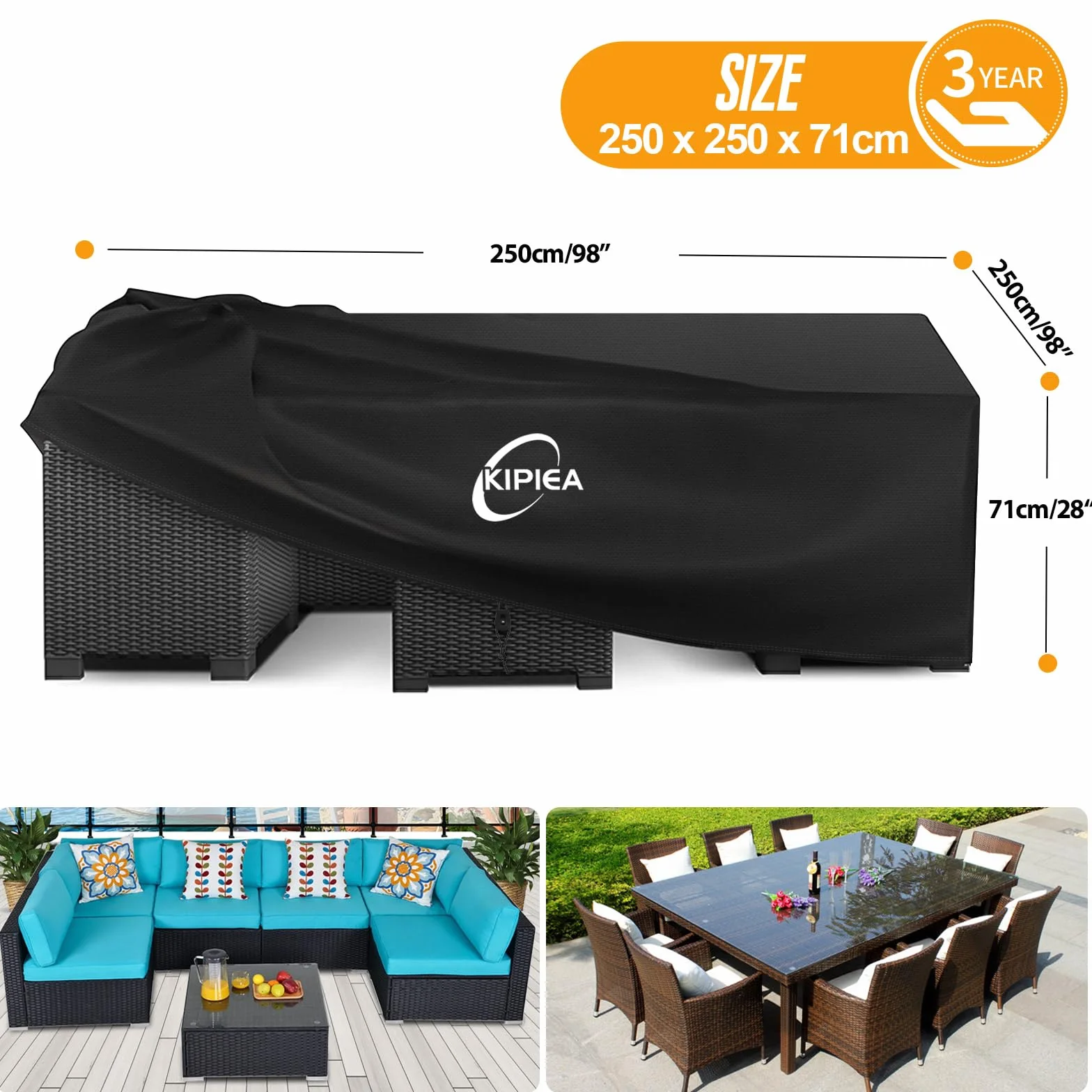 Kipiea Housses Salon de Jardin Exterieur Imperméable, Carré Housses Table de Jardin Coupe-Vent, 420D Tissu Oxford Bache De Protection Salon de Patio Exterieur, Anti-UV- 250x250x71cm