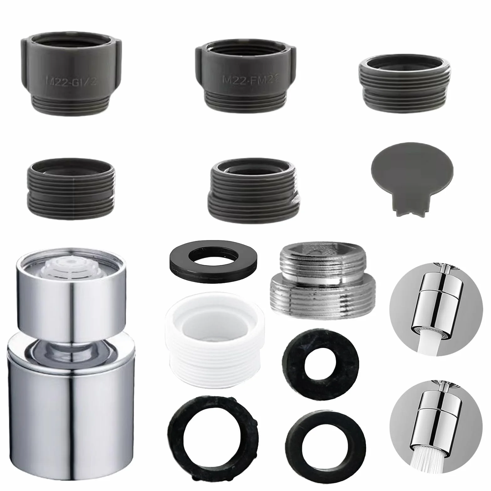 Embout Robinet Cuisine Aérateur Mousseur Mitigeur Evier Tete Rotative 2 Modes Adaptateur 18mm 22mm