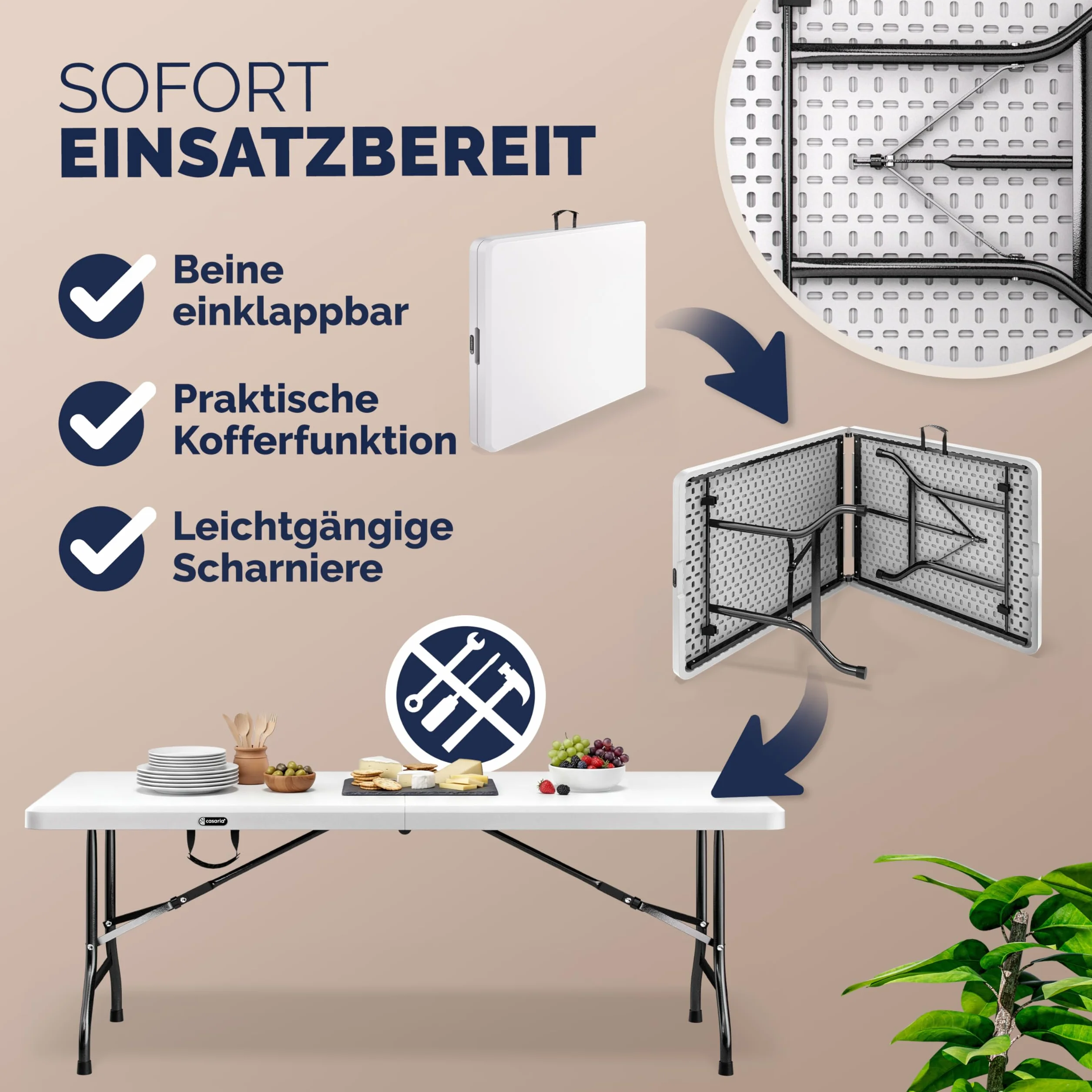 Casaria Table de Camping Pliable 220 x 70 cm 10 Personnes Plastique Blanc