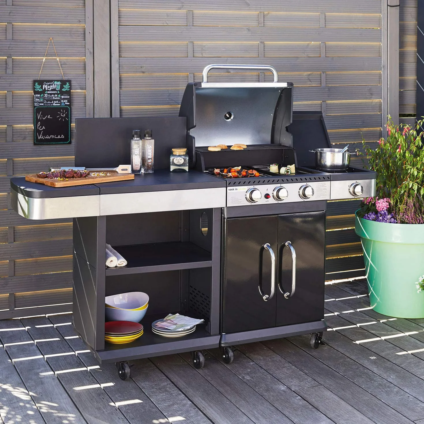 Desserte FIDGI Chariot Barbecue Gaz Compatible FIDGI 3 4 Meuble Roulettes Rangement Noir