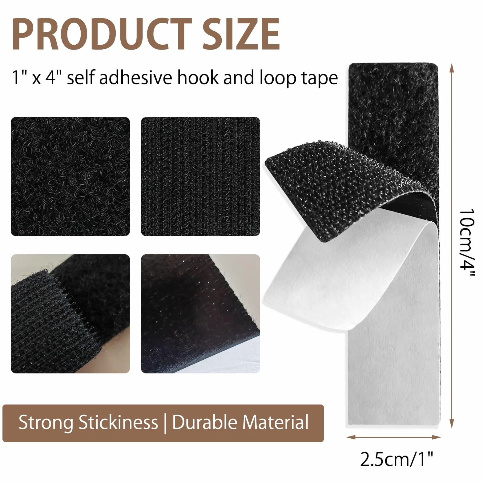 Lot de 70 bandes adhésives double face 10,16 cm crochet et boucle - Fixation sans trous ni vis - Noir