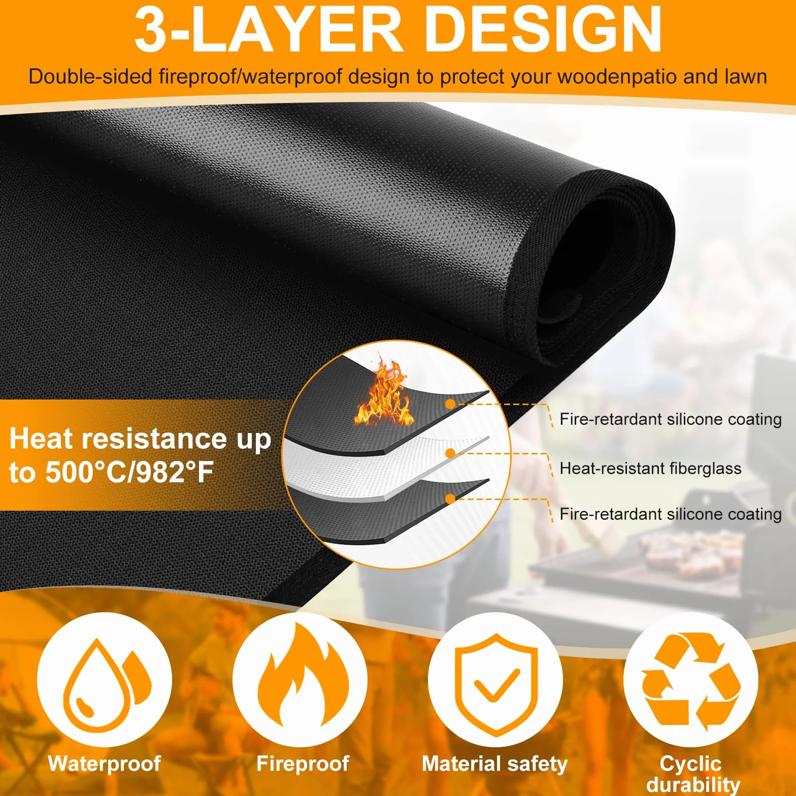 Tapis de barbecue ignifuge 100 x 150 cm en fibre de verre
