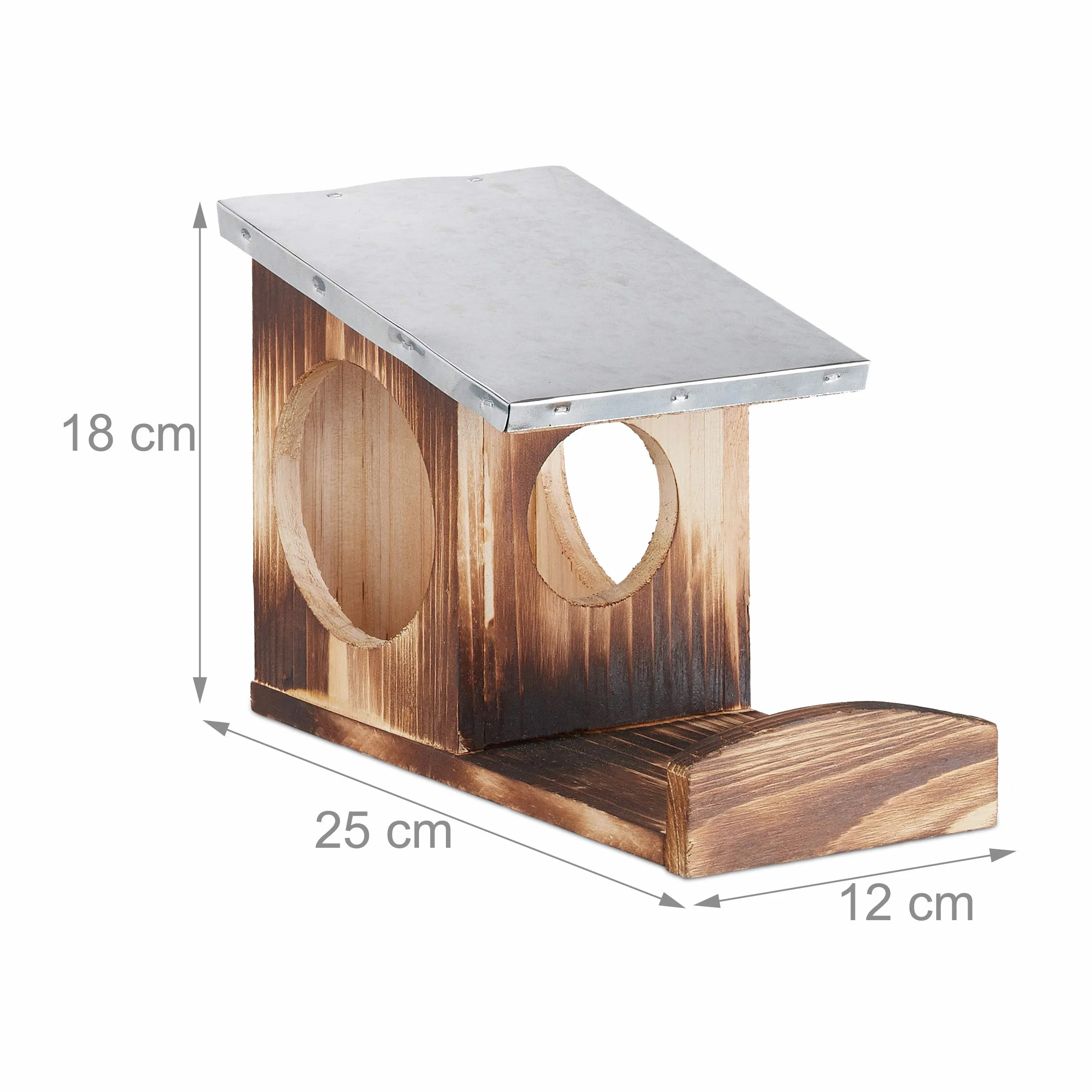 Relaxdays Mangeoire pour écureuils, Hotte en Bois, Toit métallique étanche, à accrocher, pour Le Jardin, Effet flammé, Marron