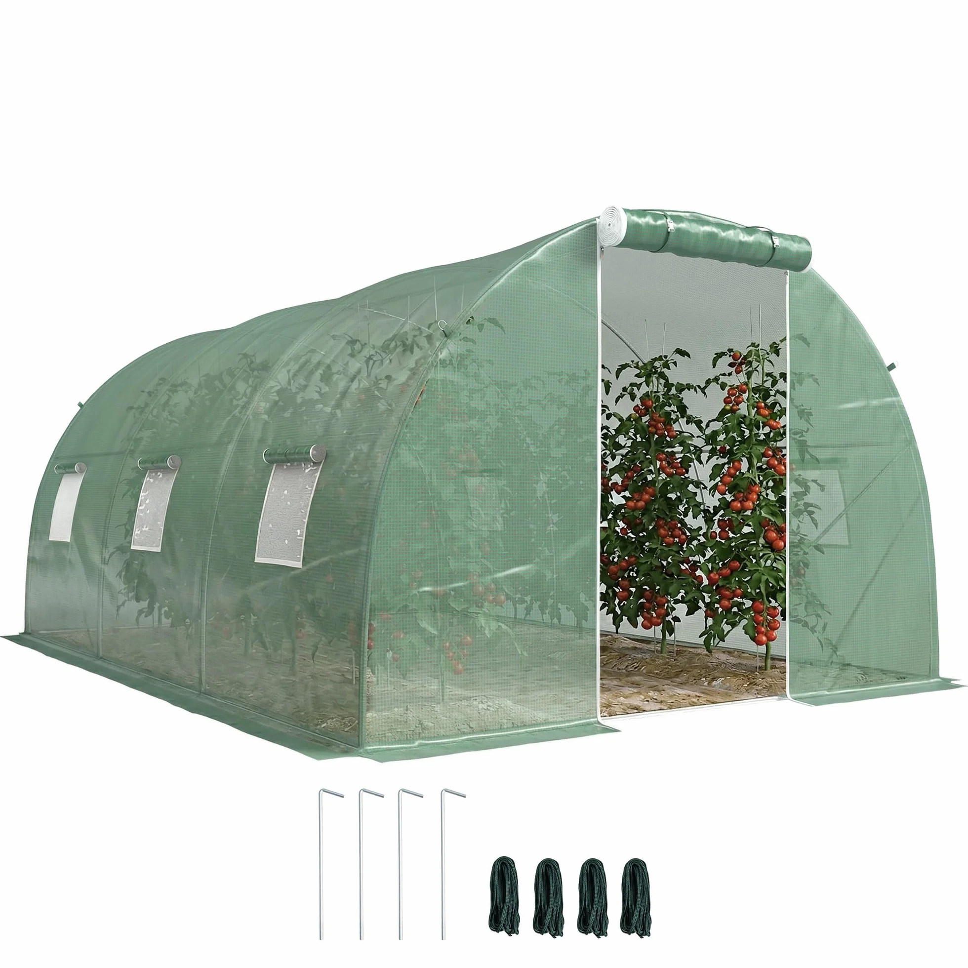 Outsunny Serre de Jardin Tunnel 13,5 m² dim. 4,5L x 3l x 2H m - 6 fenêtres, Porte zippée Enroulable - châssis Tubulaire Acier galvanisé, bâche PE Haute densité Vert