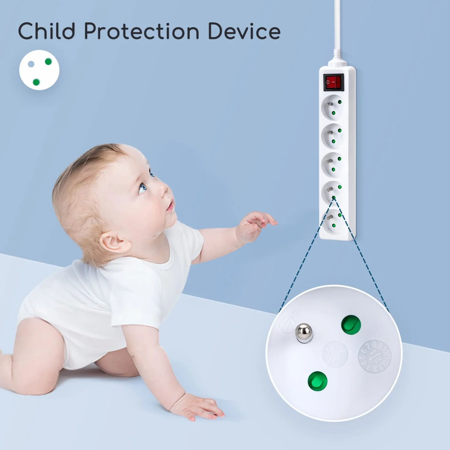 Aigostar Multiprise 5 Prises avec Interrupteur 2P+T 1.5 Mètre 16A 250V Blanc Sécurité Enfant