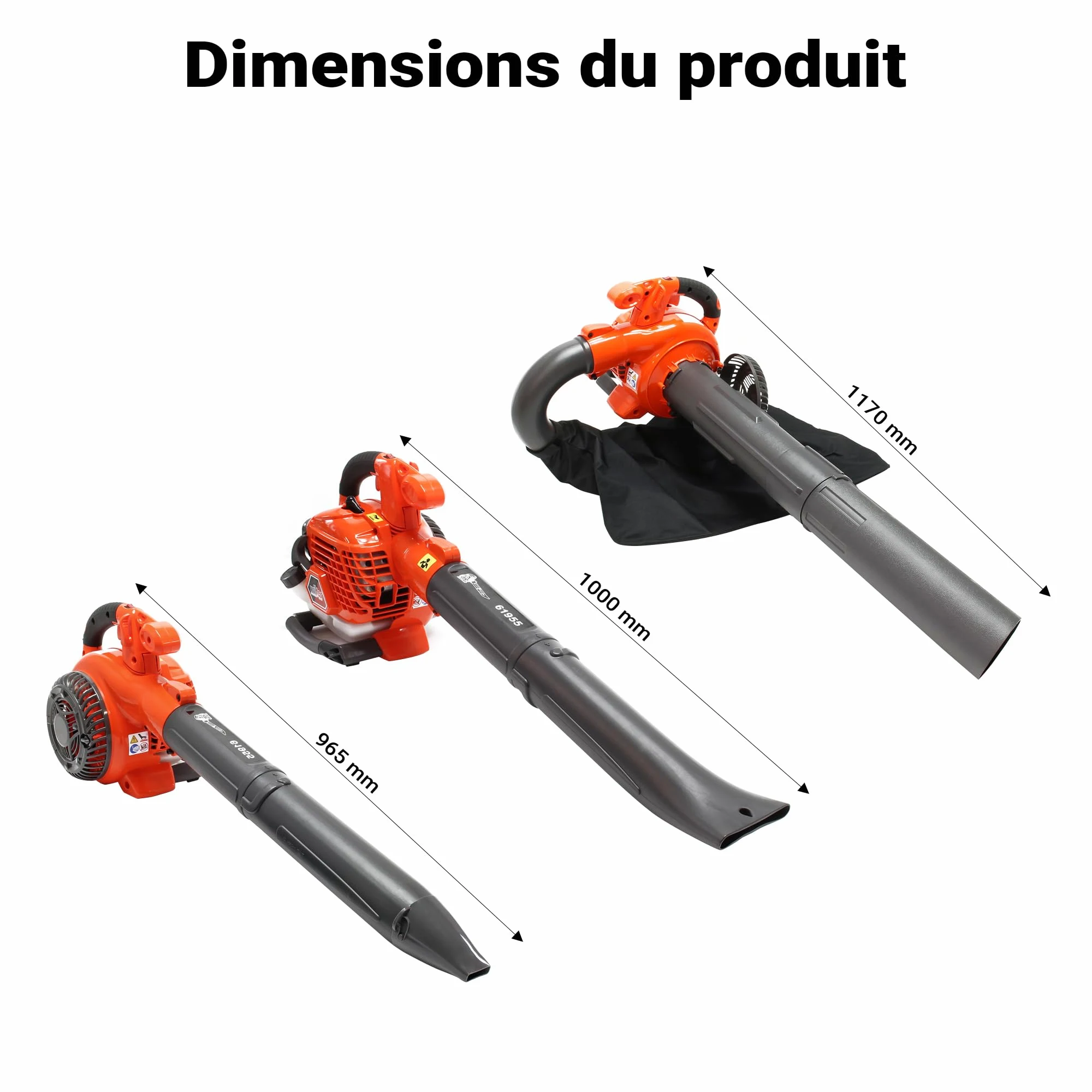 Wiltec Outil Multifonction 3 en 1 – 580 x 290 x 390 mm – Essence 0,5 l – 0,75 KW 1 CV – Sac collecteur 50 l – Aspirateur Souffleur de Feuilles mortes & Broyeur végétaux – Jardinage
