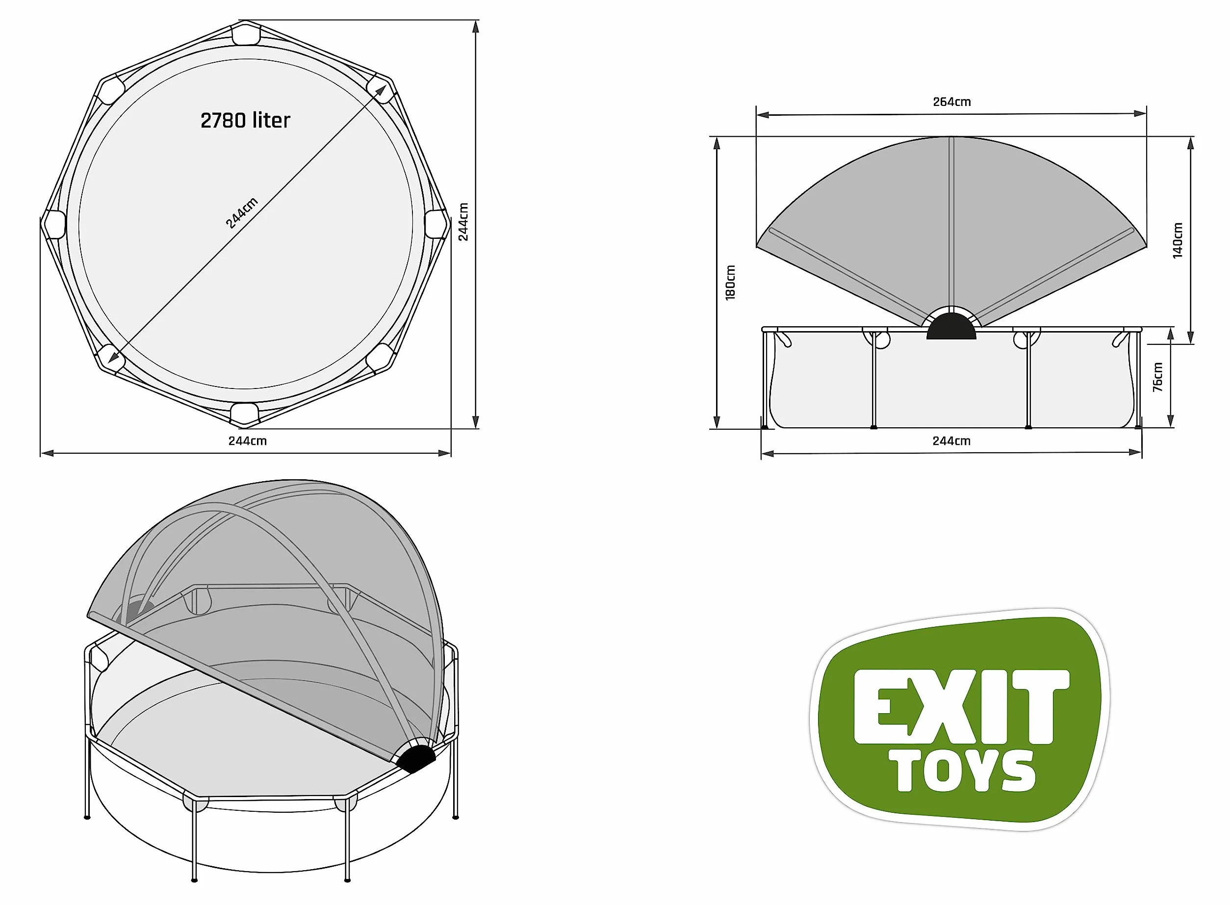 EXIT TOYS Piscine Hors Sol Ronde Ø 244 x 76 cm avec Pompe Filtrante – Acier Thermolaqué – TÜV CE – Gris