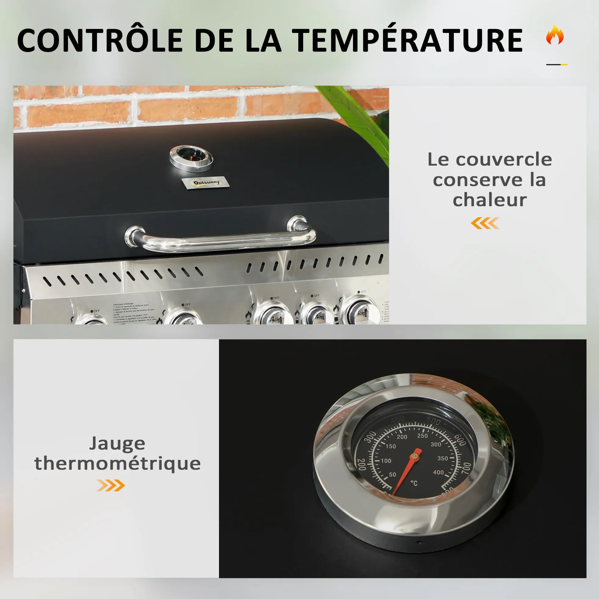 Outsunny Barbecue à gaz 4+1, barbecue au gaz propane 12,5 kW chariot de BBQ avec roulettes, grille chauffante, étagères, thermomètre, décapsuleur, noir