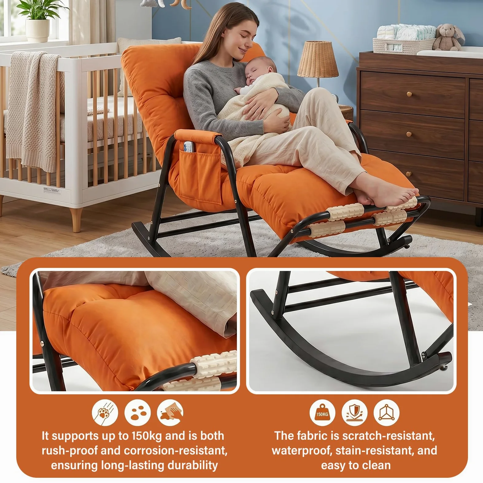 Fauteuil à Bascule Ergonomique, Rocking Chair Allaitement Silencieux avec Dossier et Repose-Jambes Réglables (5 Positions) et Repose-Pieds Massant, Chaise Relax en Cuir Anti-rayures, 150kg (Orange)