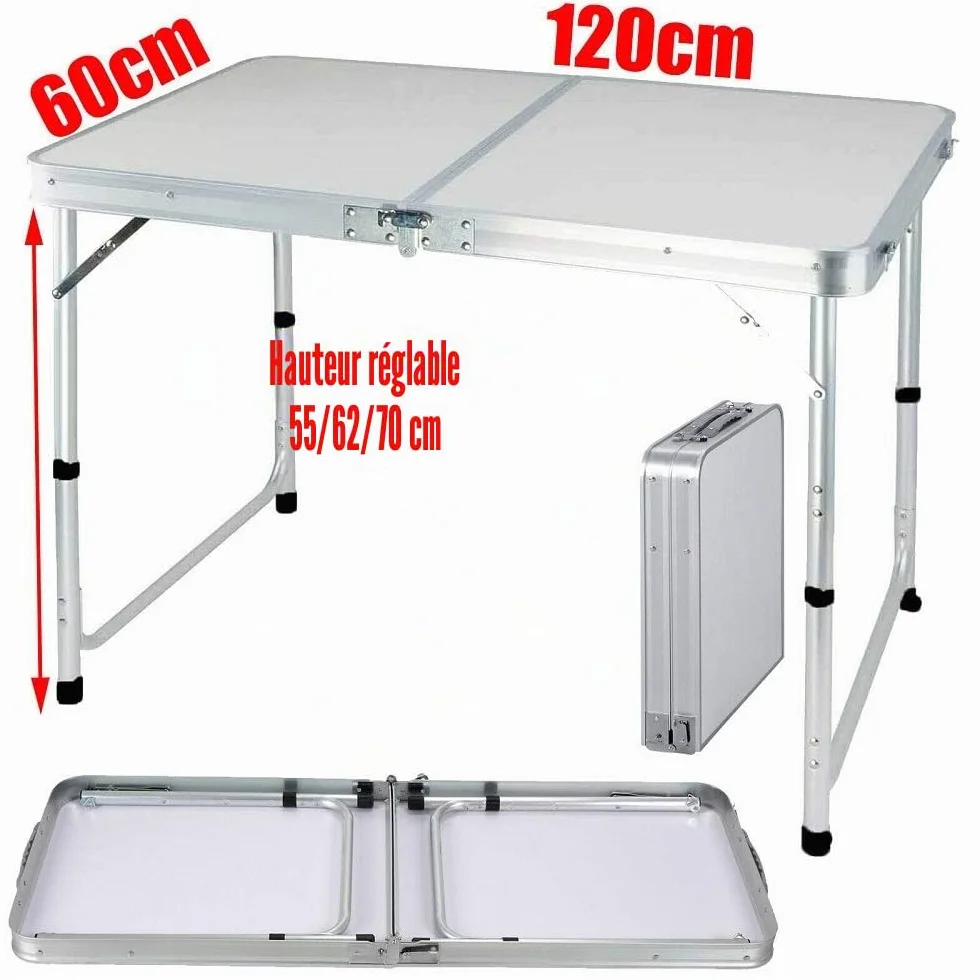 Table Pliante Aluminium 120 cm Camping Hauteur Réglable 3 Vitesses