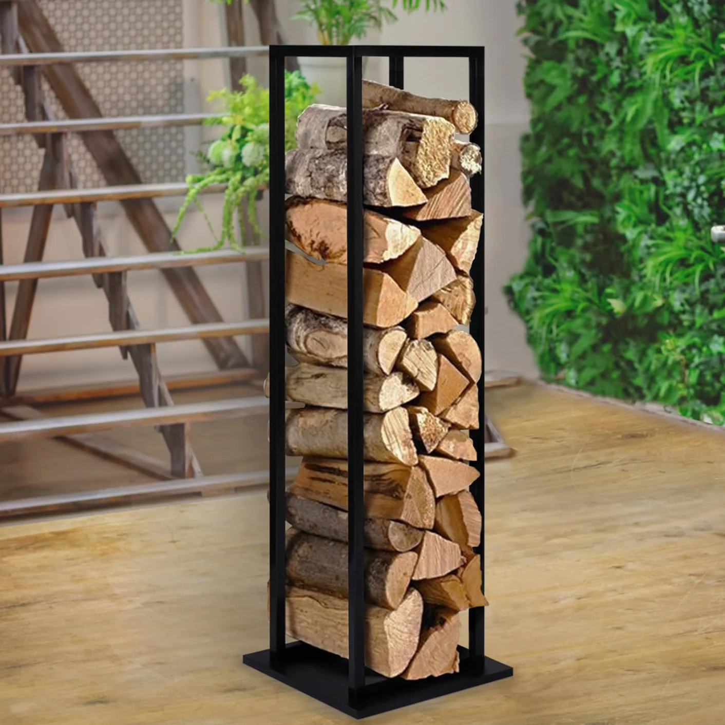 IDMarket - Range bûches Vertical Acier Noir avec étagère H.112 CM pour cheminée