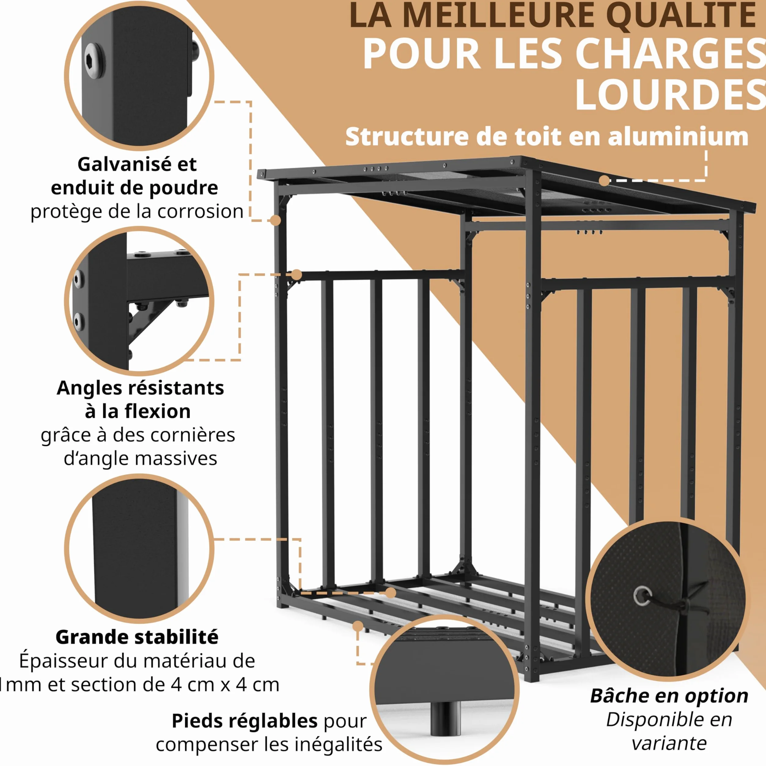 Étagère à bois de cheminée en métal extérieur, Anthracite, 185x105x185cm | galvanisée Anthracite Section 4 x 4 cm Charge maximale 3,5 t Avec toit abri bûche pour bois de chauffage Range buche