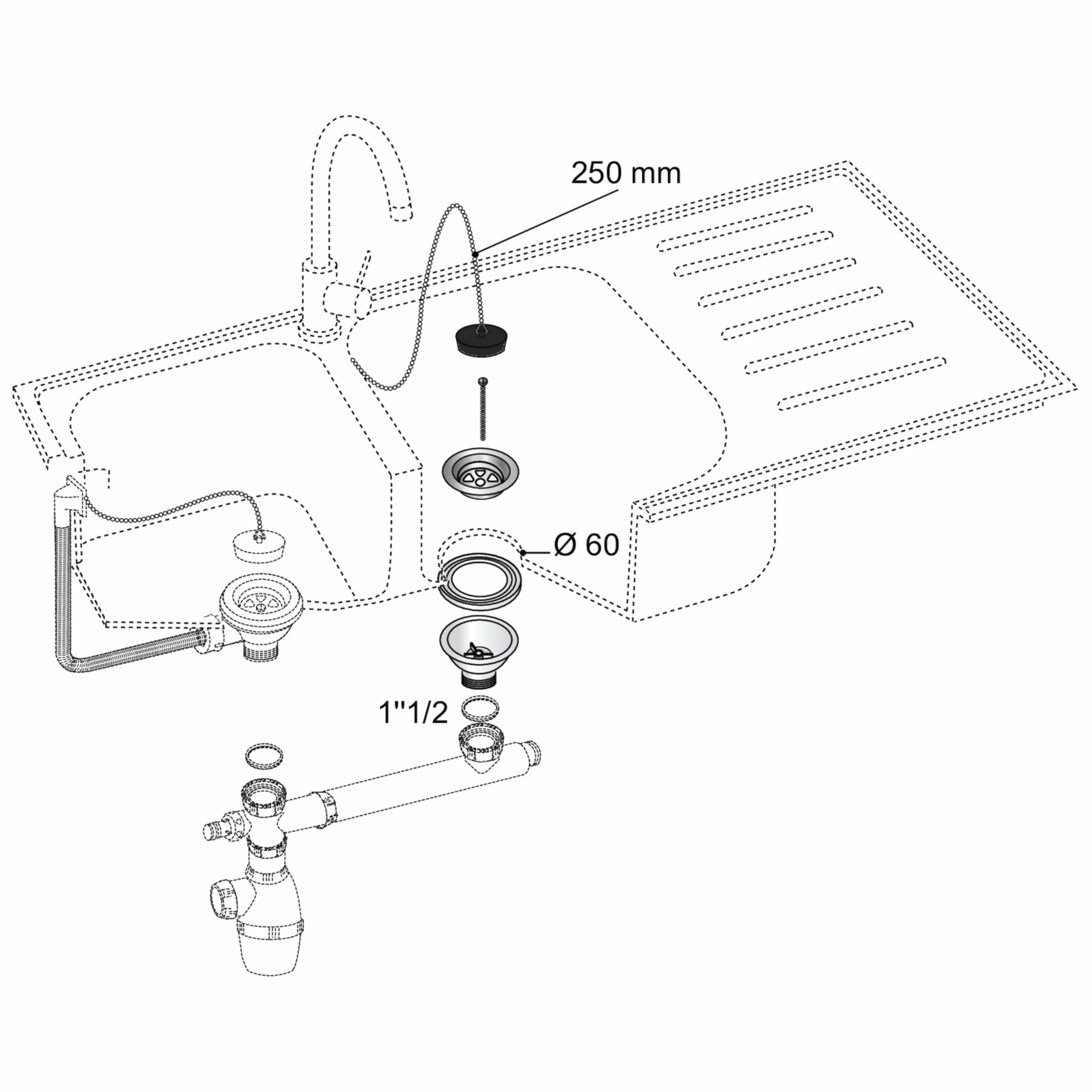 Wirquin Bonde évier cuisine 1 bac Ø60 mm sans trop-plein blanc