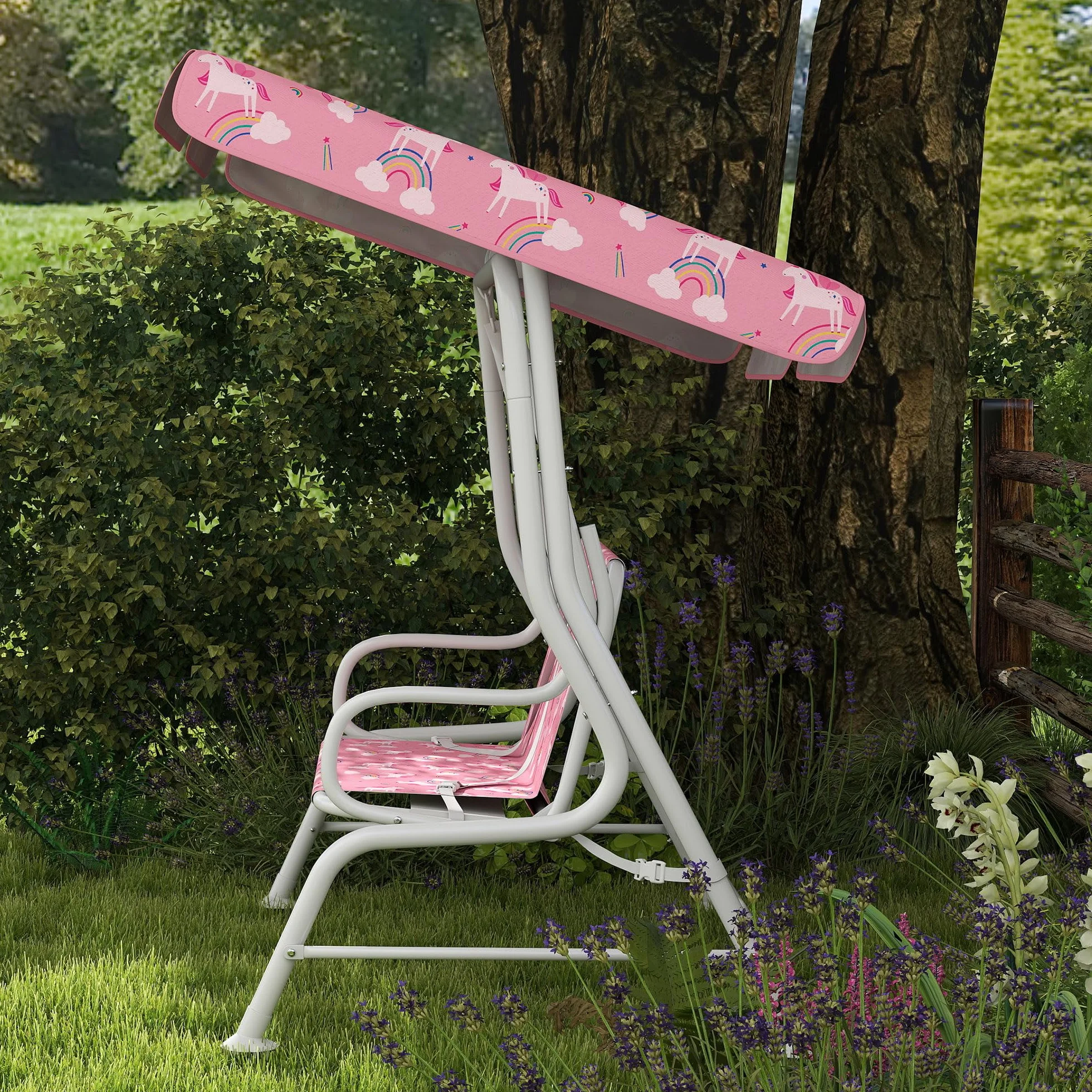 Balancelle de jardin pour enfants 2 places avec auvent réglable et ceintures de sécurité, motif licorne et arc-en-ciel, 112 x 75 x 120 cm, rose
