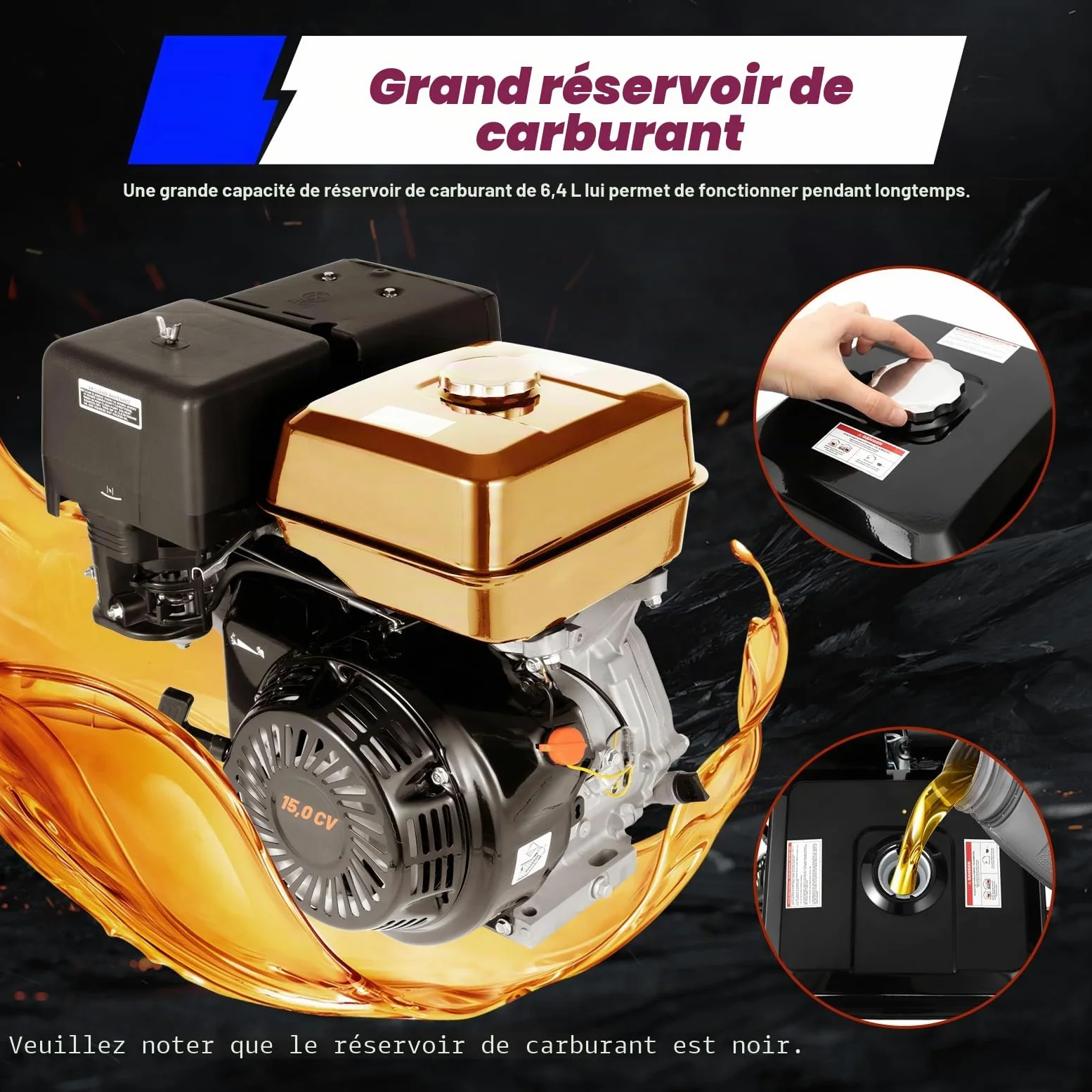 Moteur à essence 15 CV 4 temps monocylindre, Moteur fixe monocylindre pour Go-Karts, 9,7 kW 420 CC 3600 tr/min, Moteur d'entraînement portable avec fonction de protection contre le manque d'huile pour