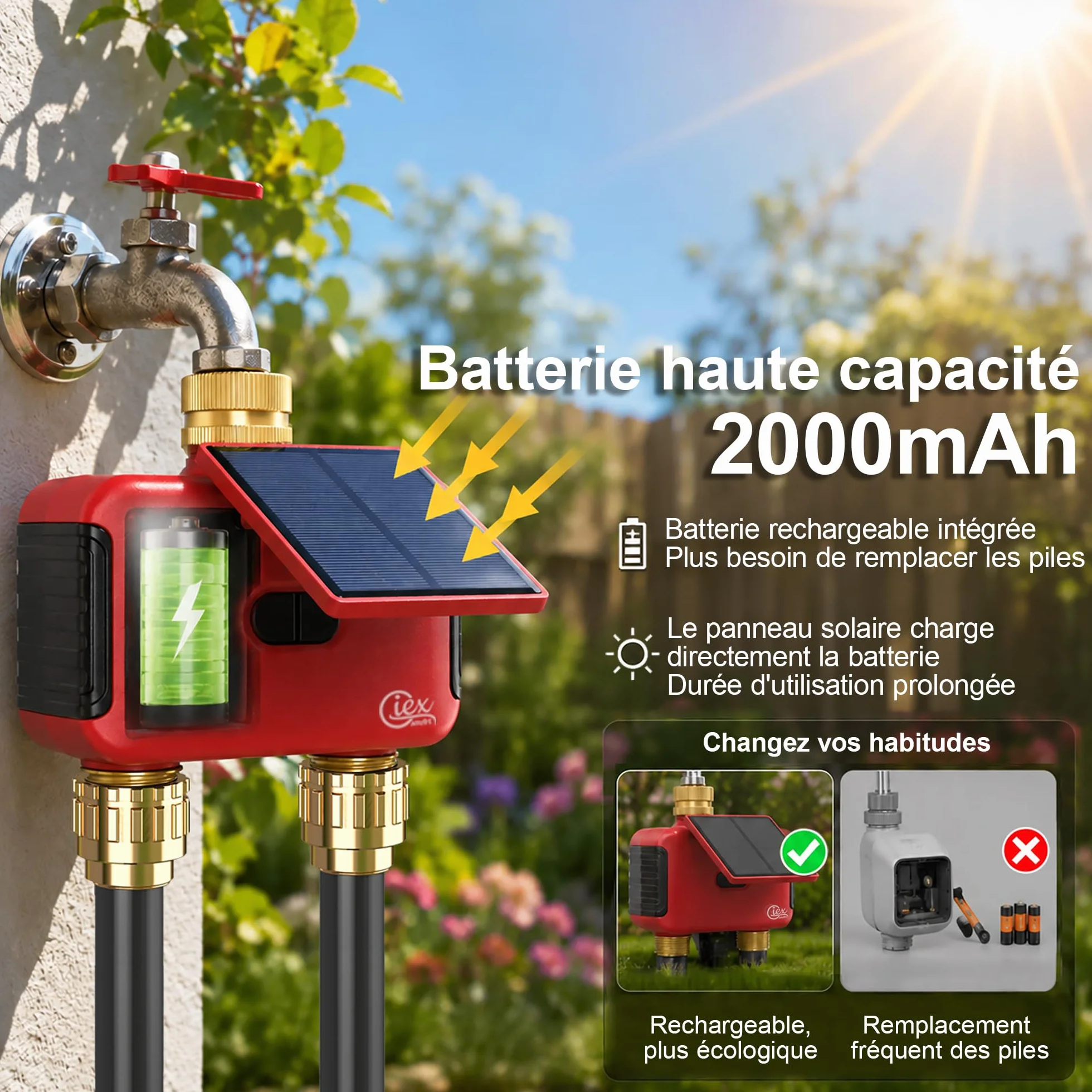 Programmateur d’arrosage WiFi 2 Zones, minuteur d’Eau Solaire Rechargeable Double Sortie, raccords en Laiton, sans hub, Compatible Alexa et Google Assistant