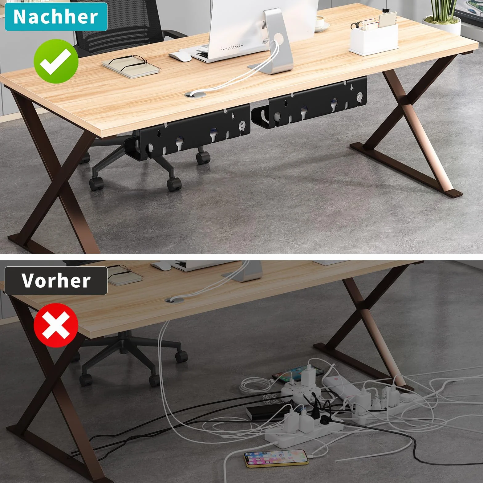 Goulotte de câbles en Acier Inoxydable Noir Lot de 2 Organiseurs de câbles Bureau avec Accessoires