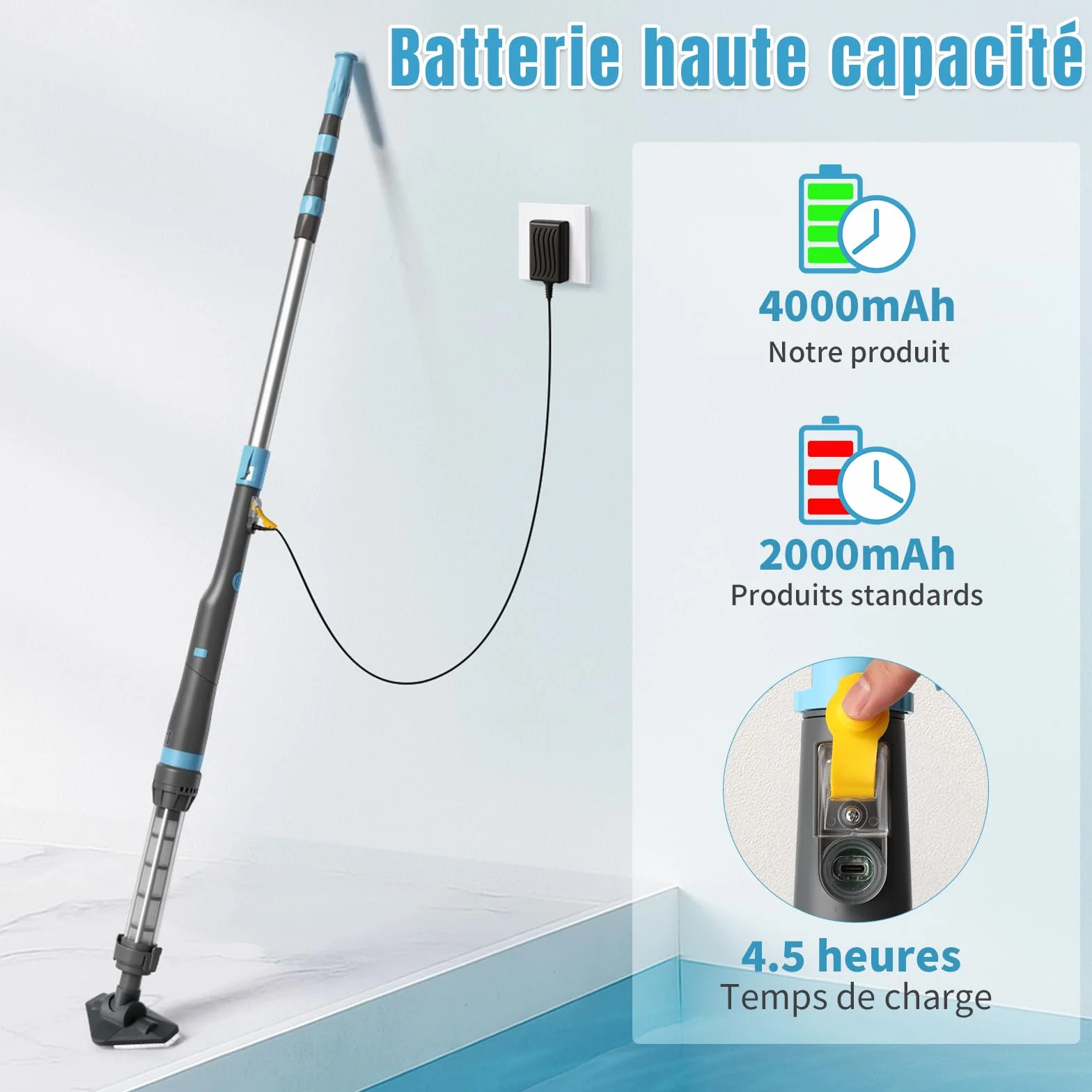 LEADZM Aspirateur Piscine Batterie sans Fil 4000mAh, Aspirateur Piscine Hors Sol pour Spa, 60 Min Autonomie, 260x18x9,5 cm (Bleu)