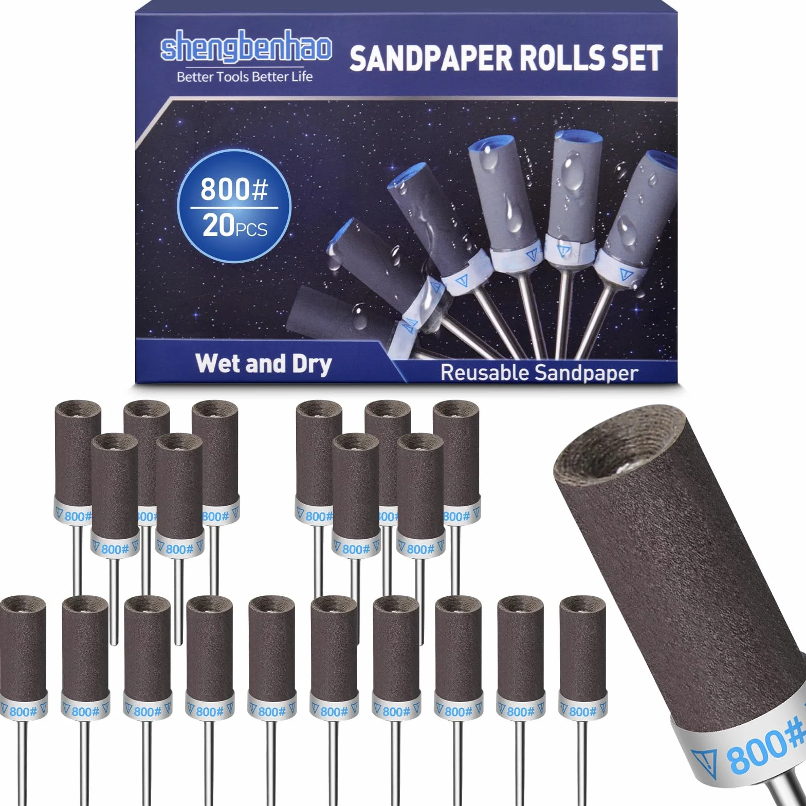 800 Grains Tambour De Ponçage 20 Pièces pour Dremel Outils Rotatifs, Manchons avec Tige 1/8" pour Polissage