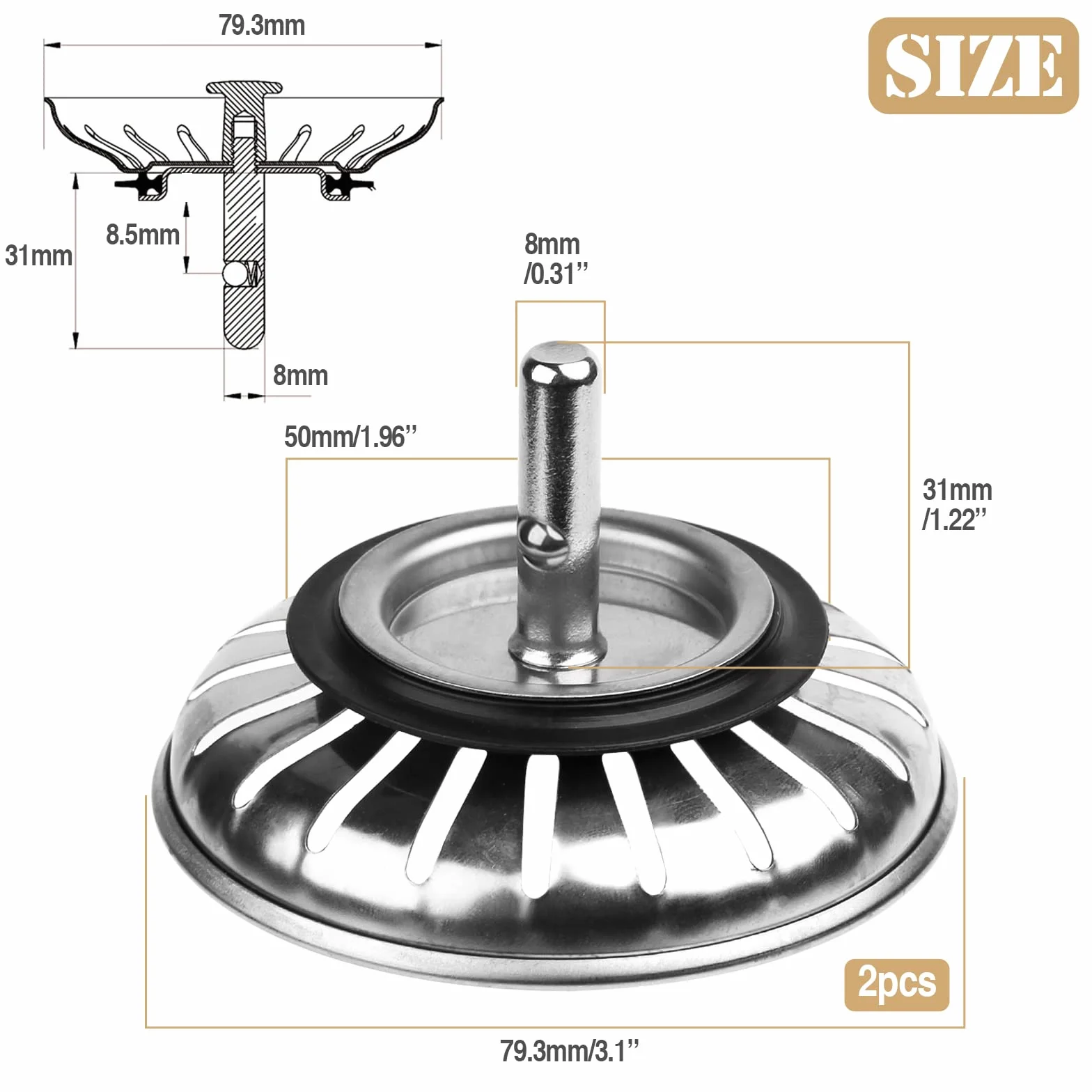 Bouchon Evier Cuisine 80mm INOX Crépine D'évier Universelle Acier Inoxydable Panier à Tamis Salle Bain
