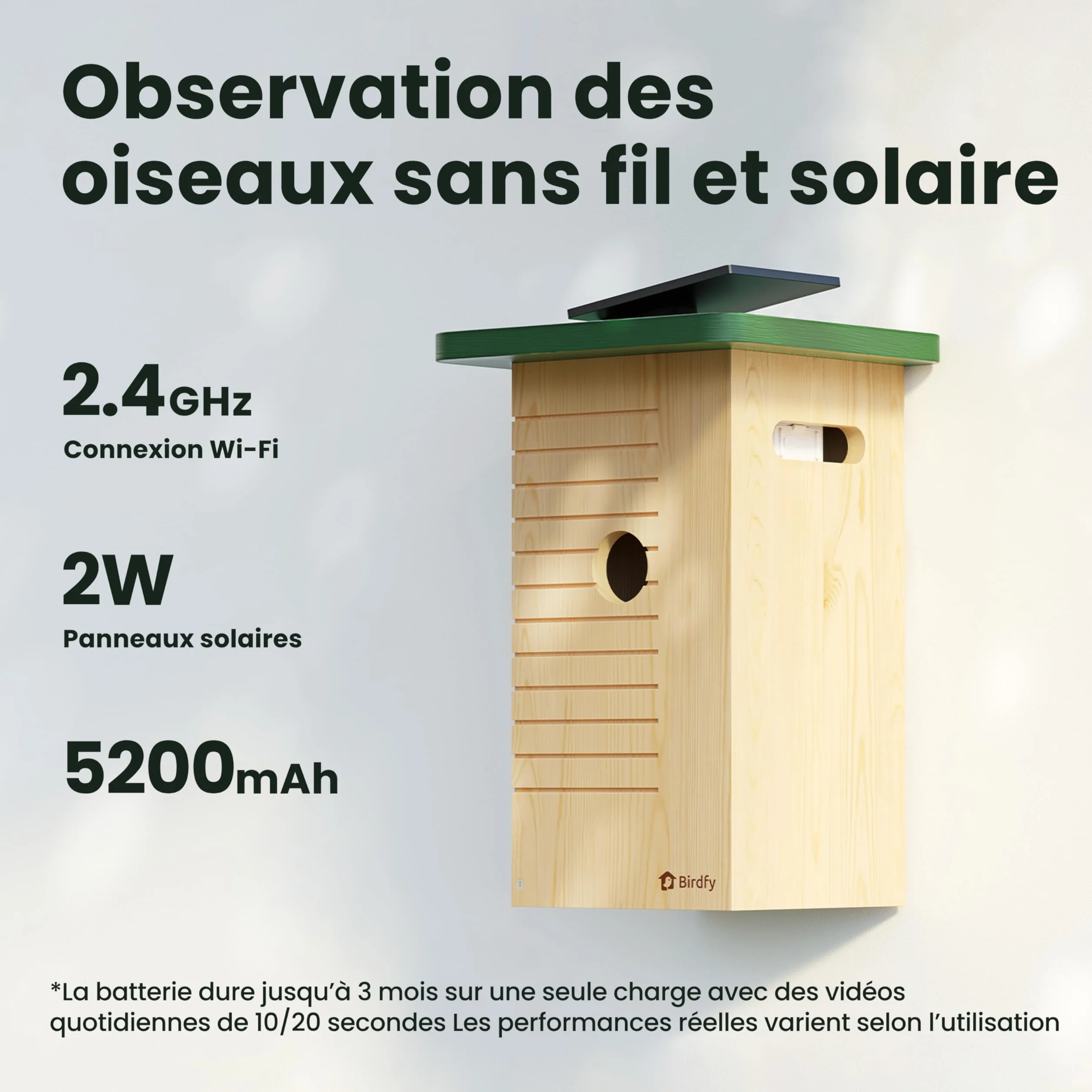 Birdfy Nichoir Oiseaux Exterieur, Camera Nichoir avec Panneau Solaire, 1080P HD Vidéo en Direct & Vision Nocturne pour Nidification 24/7, Détection Auto, Notification & Identification IA
