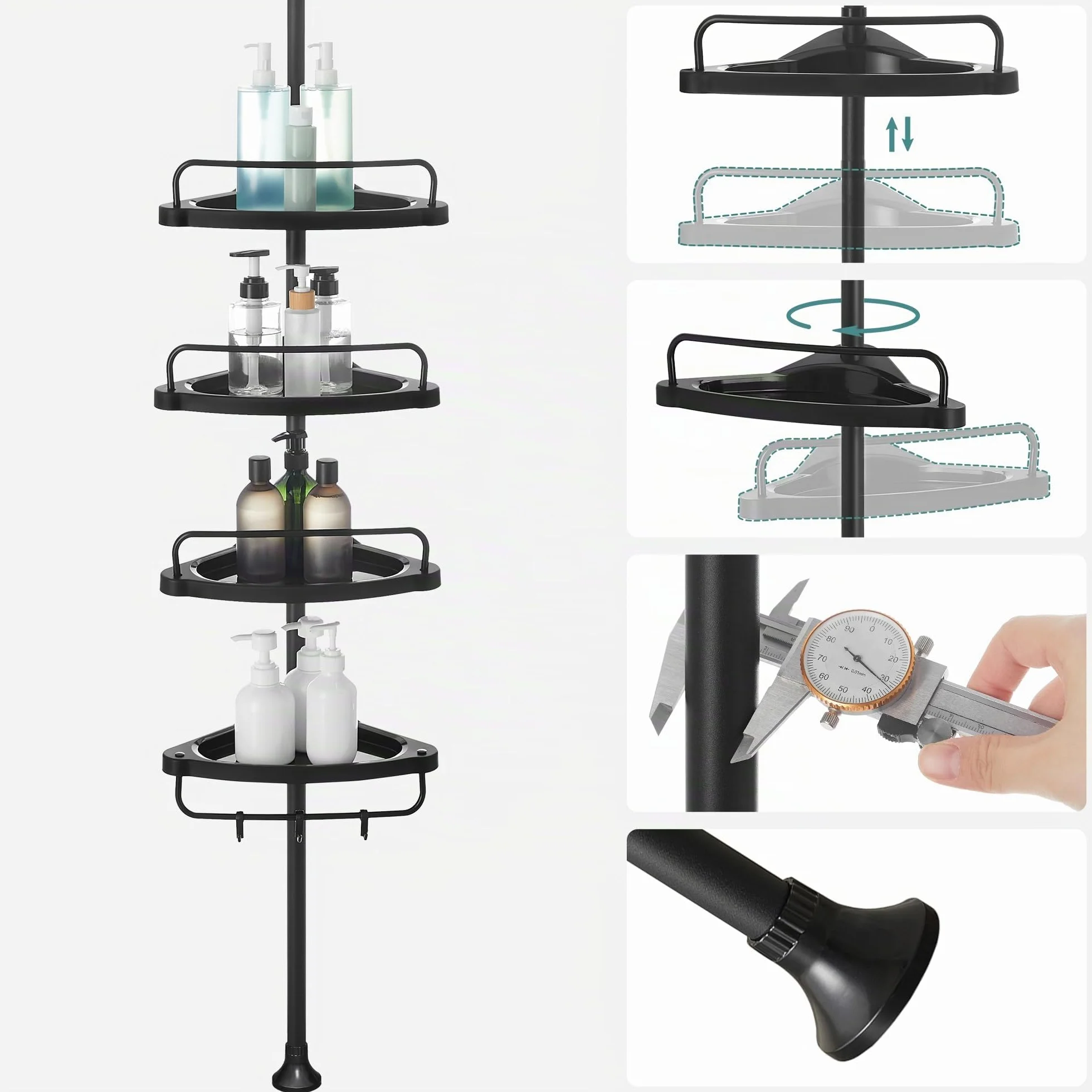 SONGMICS Étagère de Douche Réglable 4 Niveaux, Étagère d'angle Télescopique, Hauteur 85-305 cm, Rangement Salle de Bain Noir
