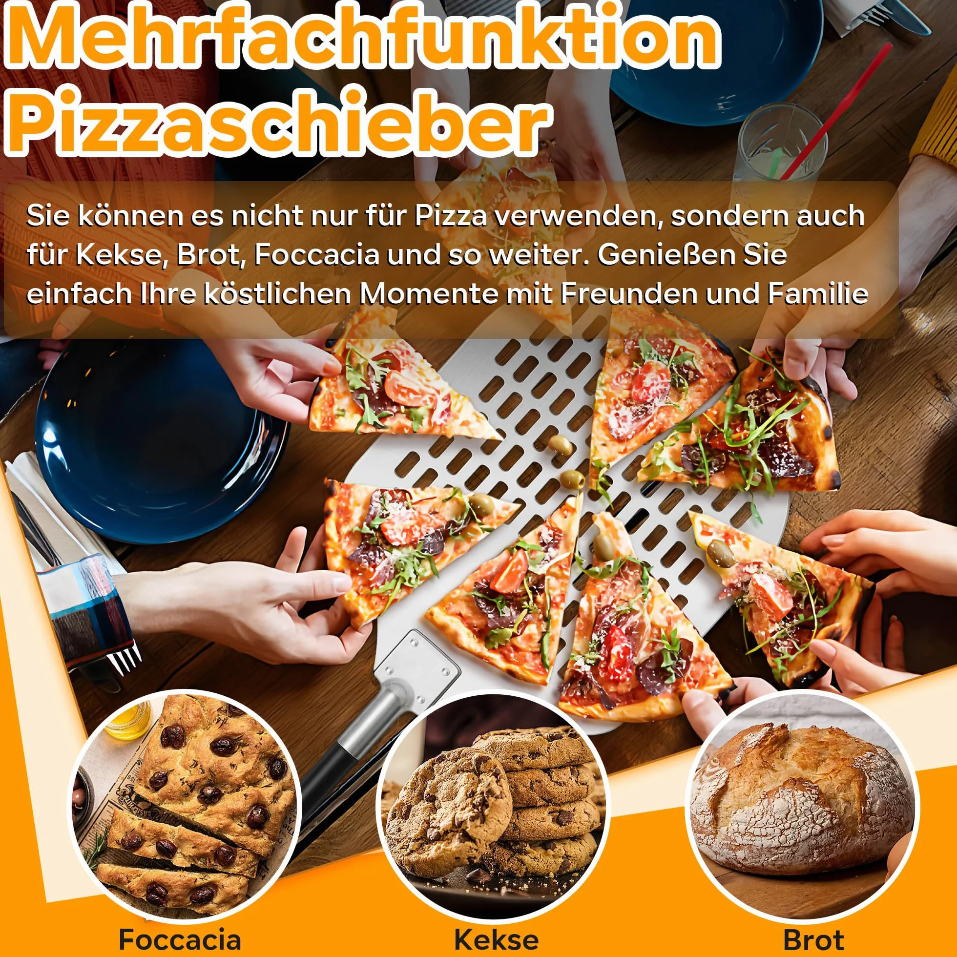 TEAMFAR Pelle à pizza, 30,5 x 42 x 124 cm, perforée, en aluminium anodisé dur, pour glisser facilement sur la pierre à pizza, rectangulaire, grande surface et poignée amovible pour barbecue, four à