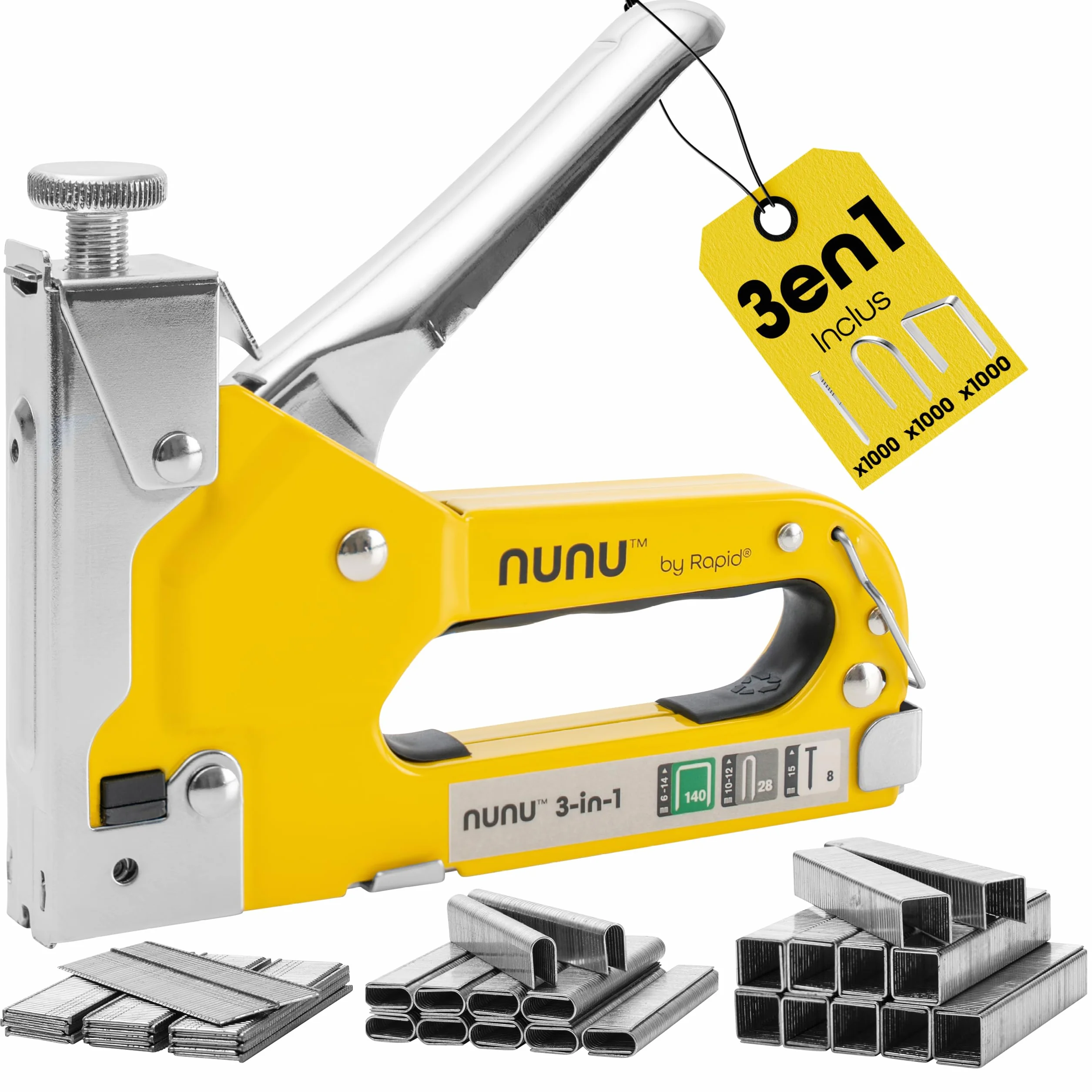 Rapid NUNU Agrafeuse Manuelle 3-en-1 3000 Agrafes et Clous Puissance Réglable