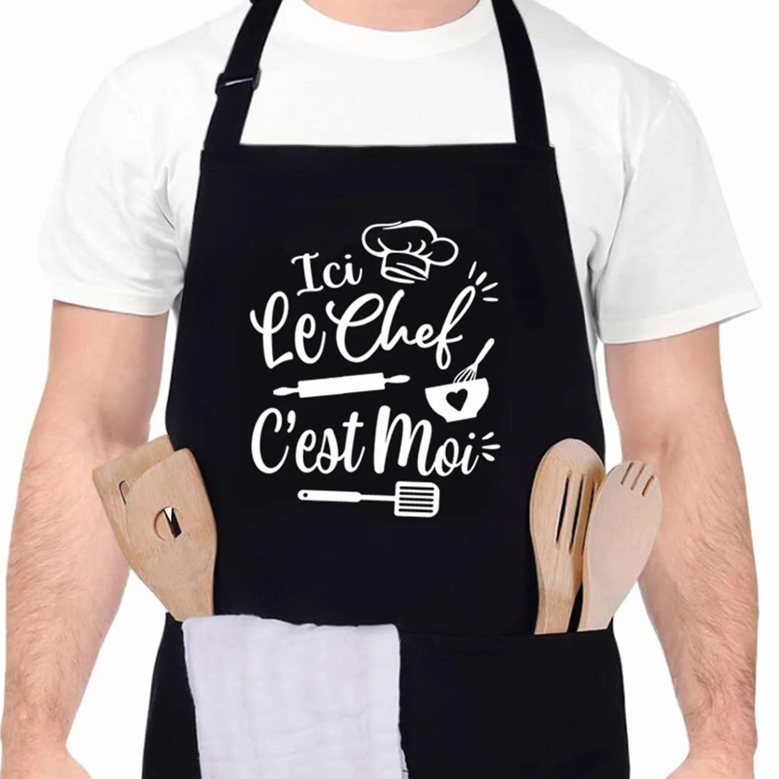 Tablier de Cuisine pour Homme,Ici Le CHEF C’est Moi Tabliers de Cuisine Étanche Réglable Tablier Barbecue avec Poches Idée Cadeau Fête des pères