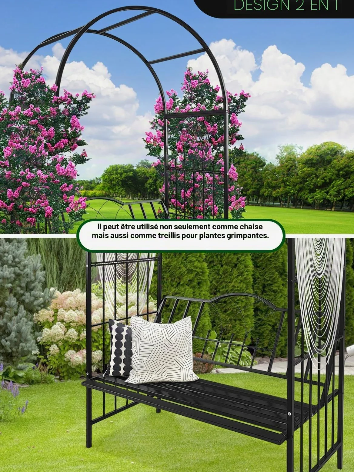 Kalolary Tonnelle Jardin Robuste en Métal avec Banc, Siège pour Plante Grimpante et Support d'Escalade pour Vignes et Fleur, Pavillon Arc de Jardin pour Extérieur