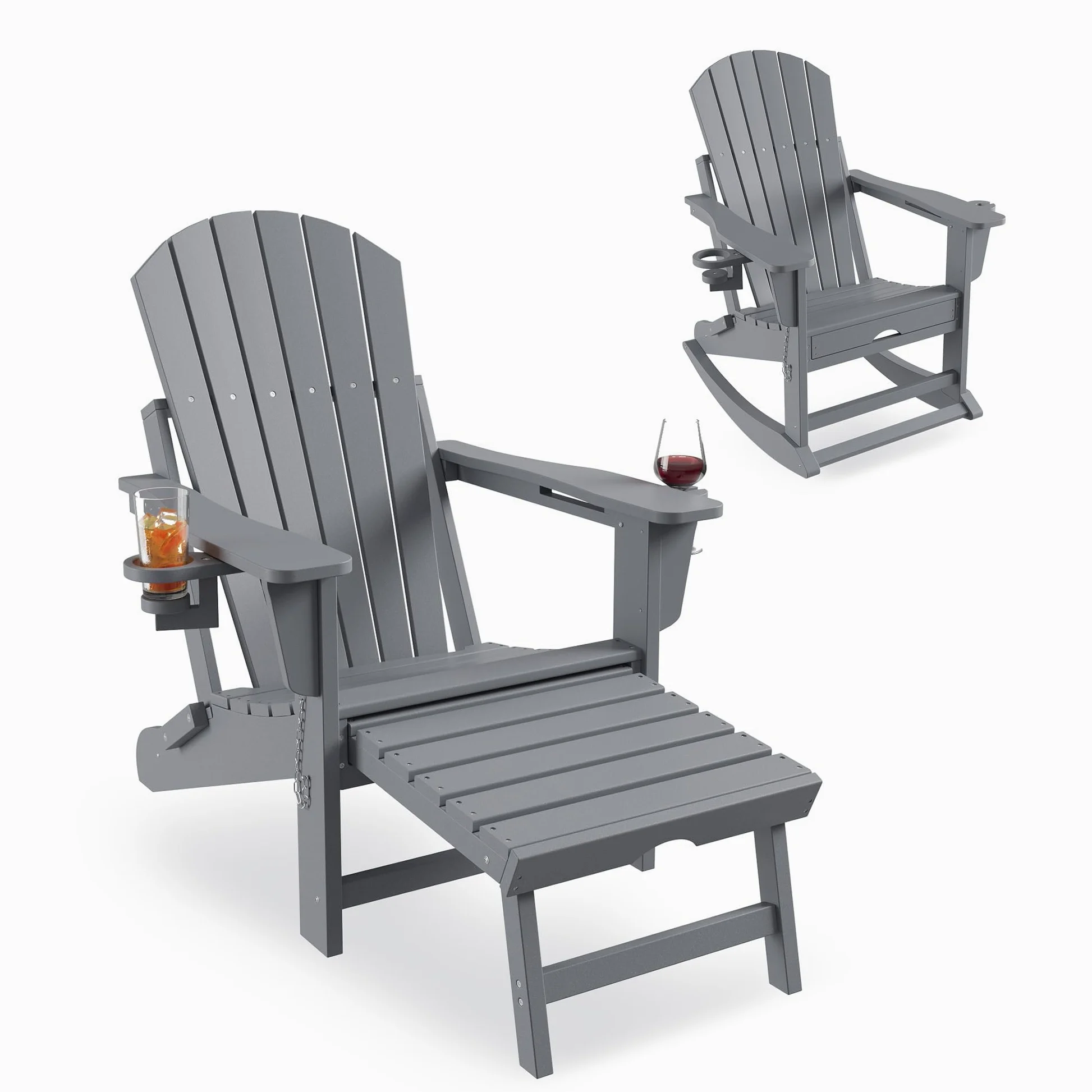 Garvee Chaise à Bascule Adirondack Pliable en PEHD avec Porte-gobelets et Ottoman Rétractable – Chaise d'extérieur Pliable résistante aux intempéries pour terrasse, Jardin et Patio.