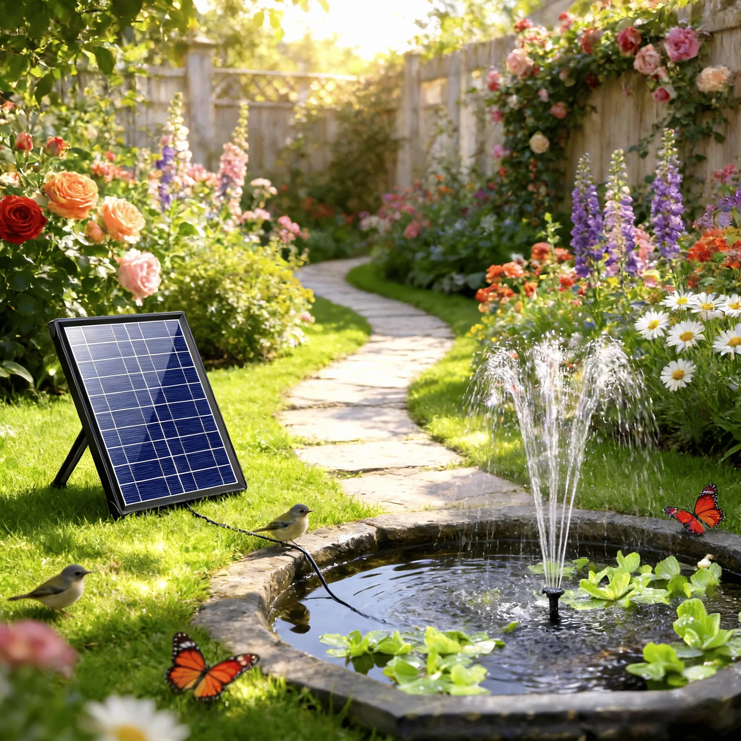 Fontaine Solaire Bassin Jardin 7.5W Pompe à Eau Extérieure 3600 mAh Batterie 139GPH 1.5M Tube 10 Buses DIY
