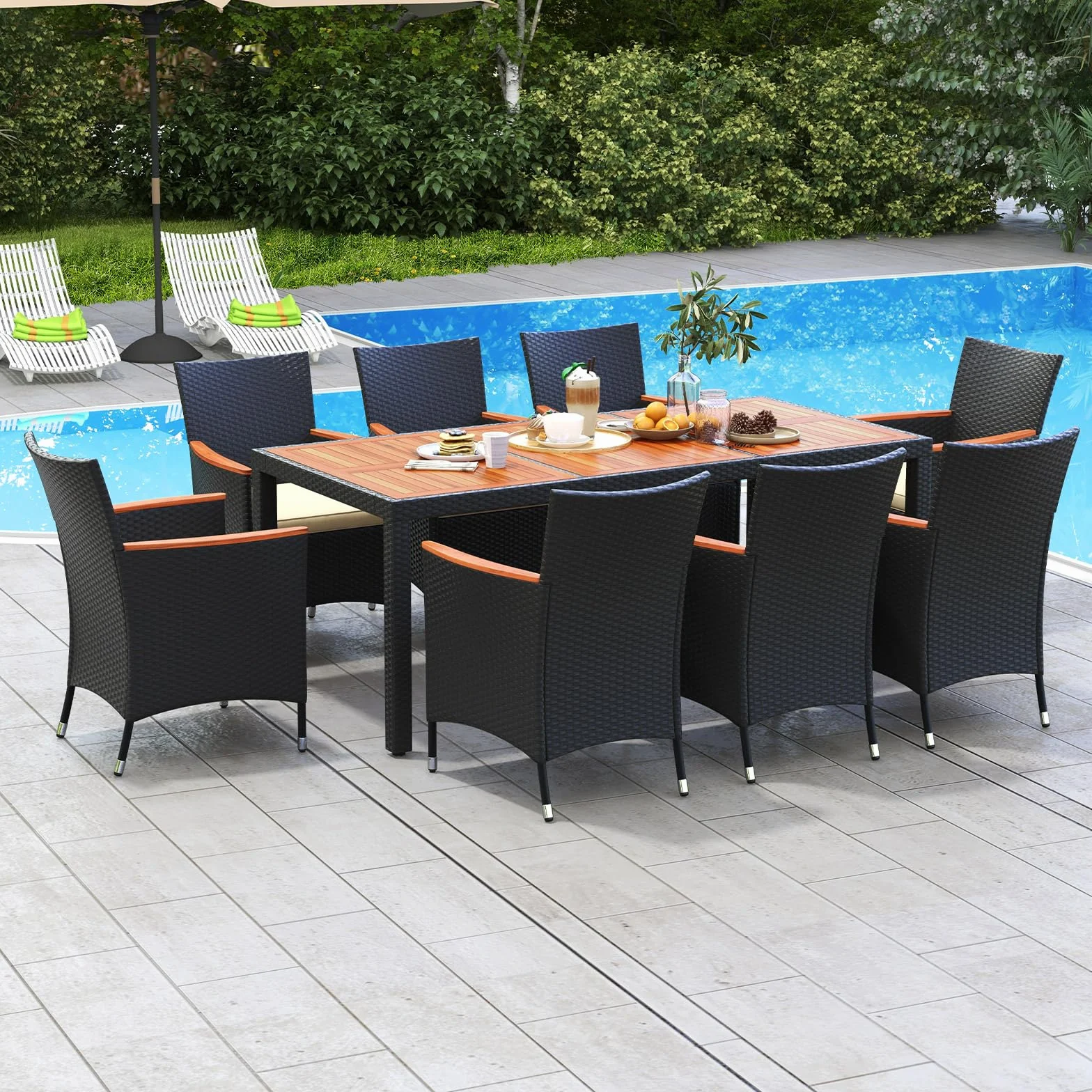 GIANTEX Salon de Jardin 8 Personnes en Rotin et Bois d'Acacia, Table de Jardin Extérieure avec 8 Chaises, Coussins, Trou de Parasol, Pieds Réglables, pour Cour, Pique-Nique, Noir
