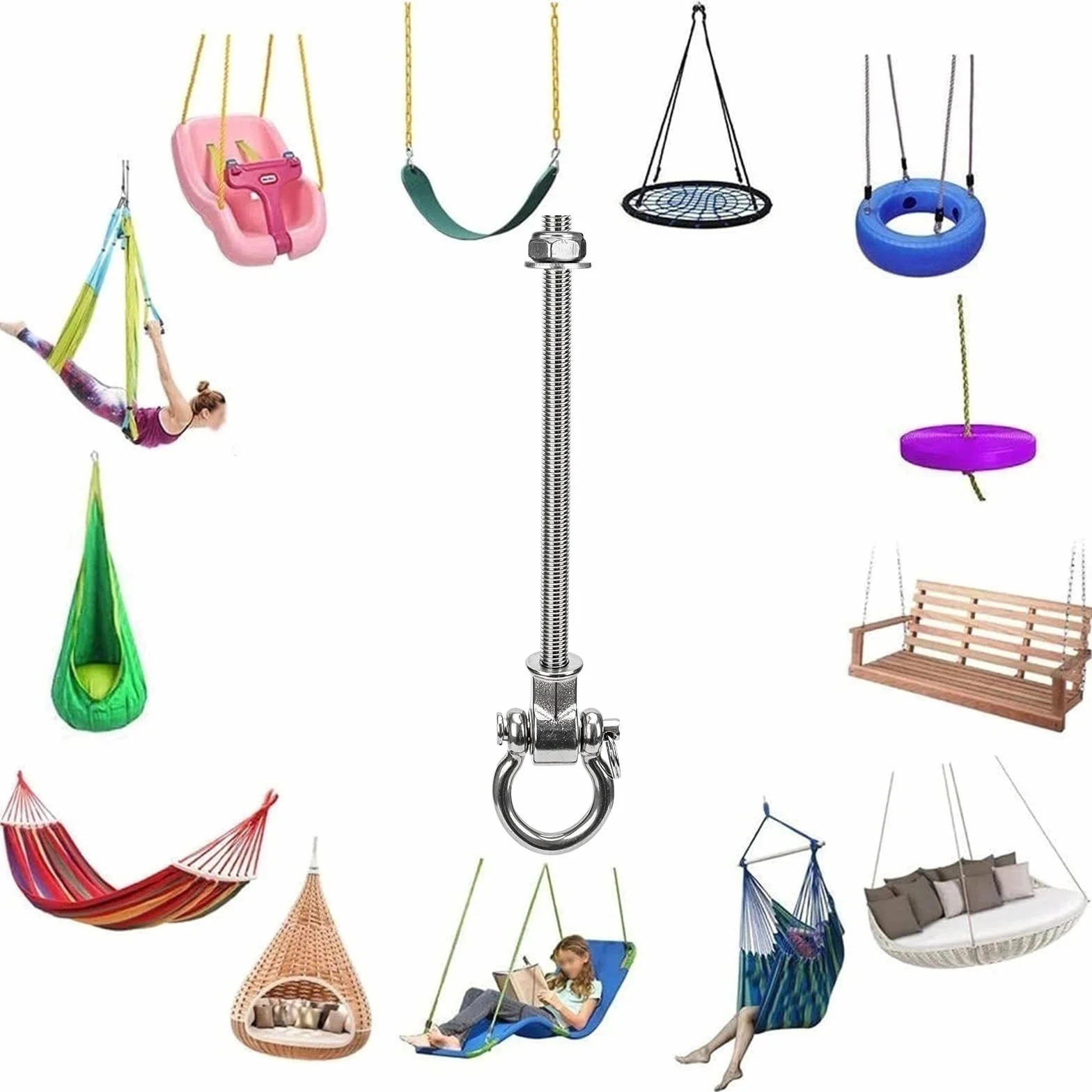 Crochets de Balançoire M10 280mm Acier Inoxydable avec Roulements Lot de 4 pour Hamac Chaise Suspendue