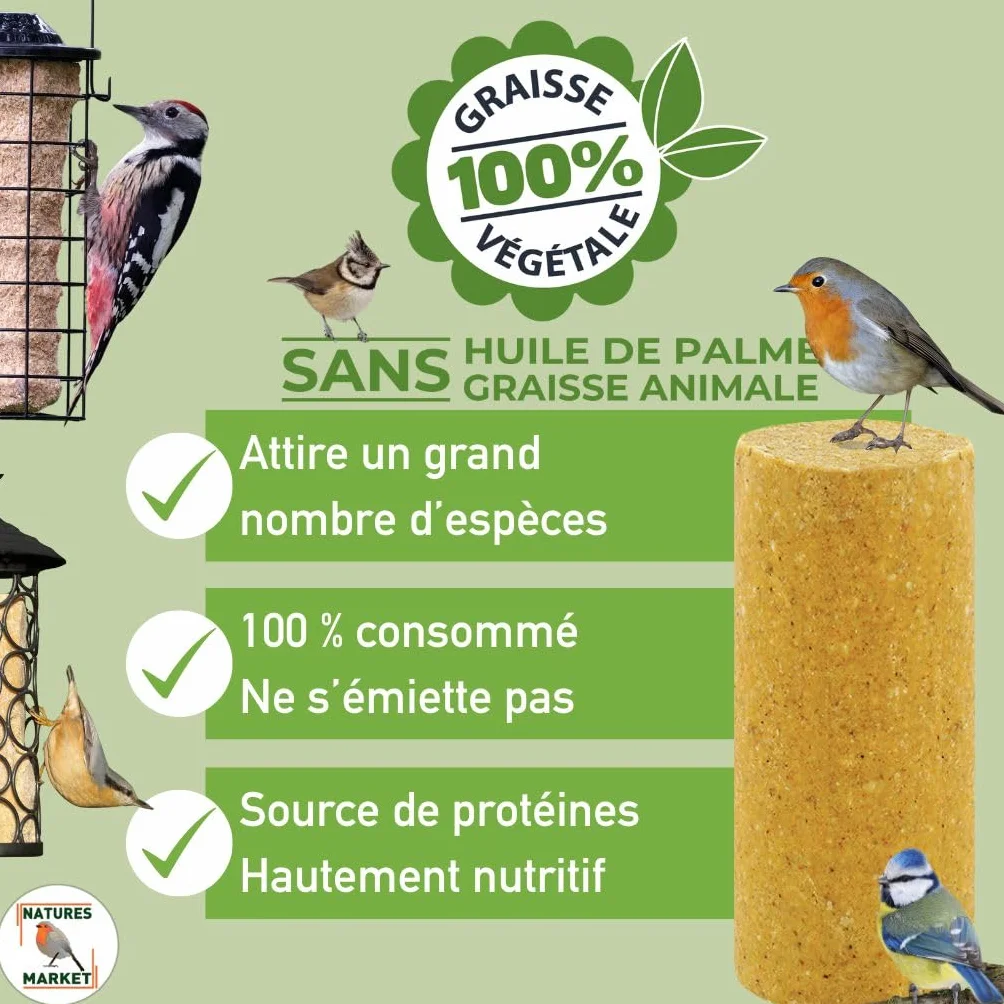 Graisse Végétale 100% pour Oiseaux 12 Saveurs 850g x12 10.2kg Alimentation Complète
