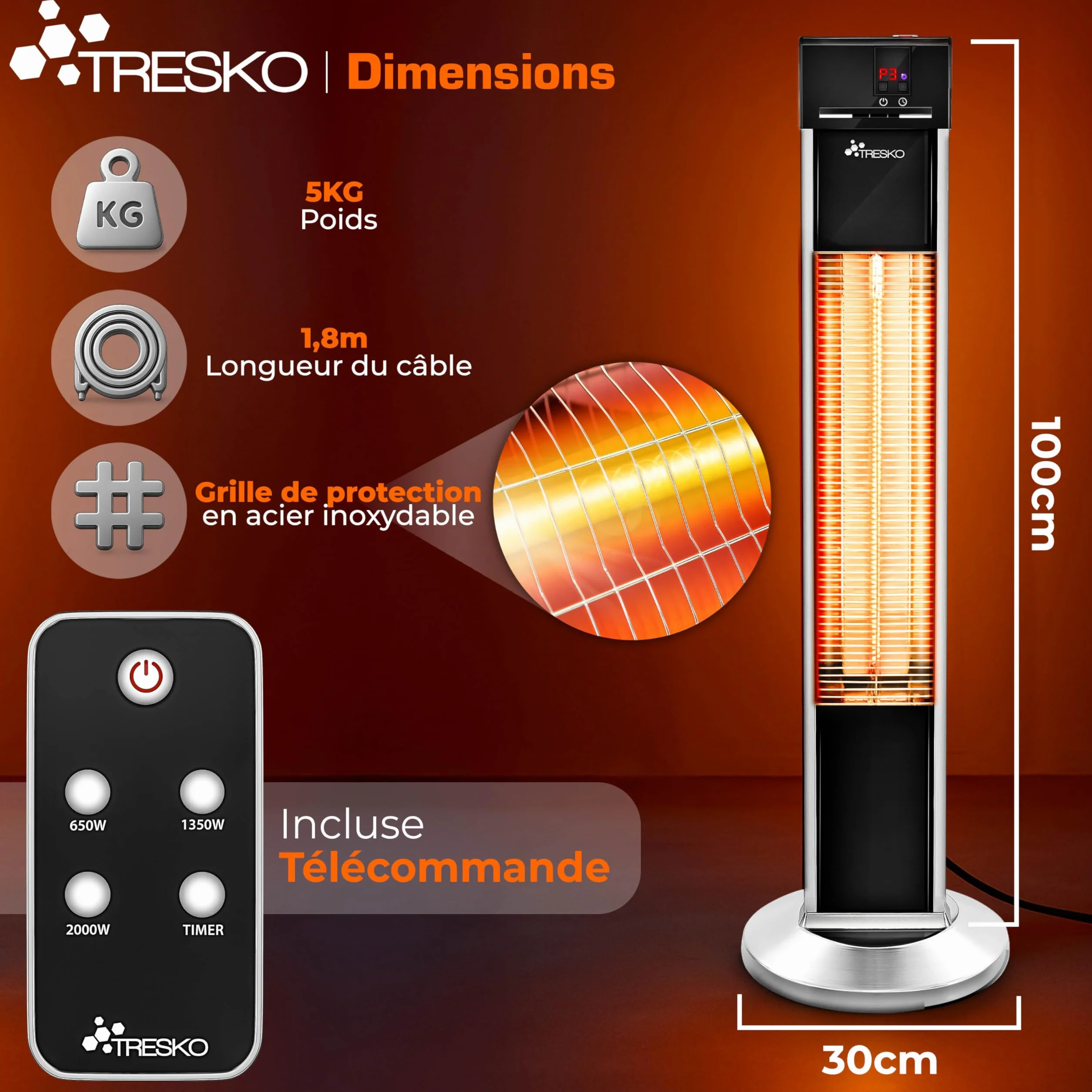 TRESKO Radiateur infrarouge sur pied 2000W | Chauffage radiant électrique intérieur extérieur avec télécommande