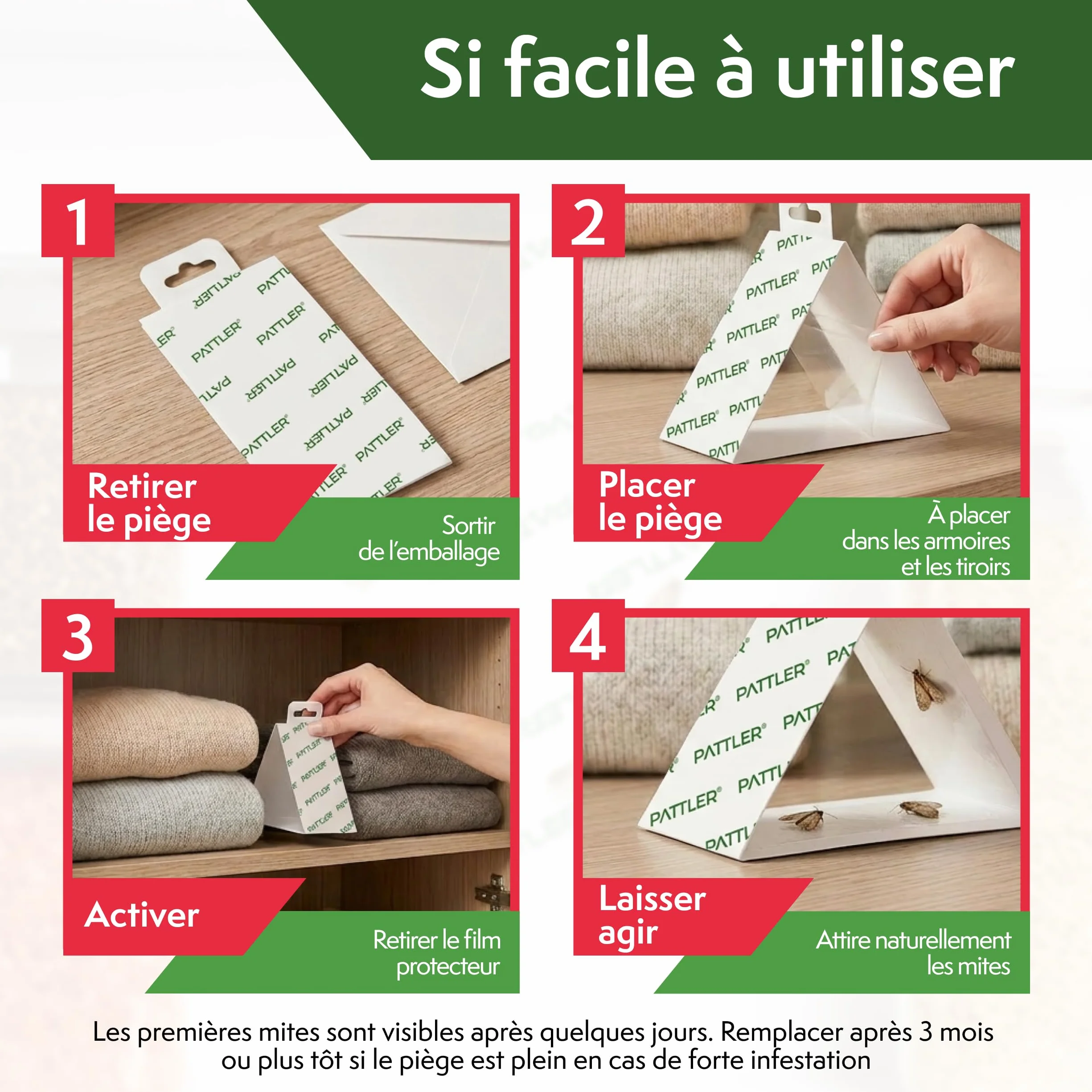 PATTLER Anti Mites Textiles avec Phéromones - 8 Pièces. Protection Anti Mites Vetements pour Armoire Vetement et Penderie, Pièges Adhésifs pour la Détection et Le Contrôle des Mites Textiles.