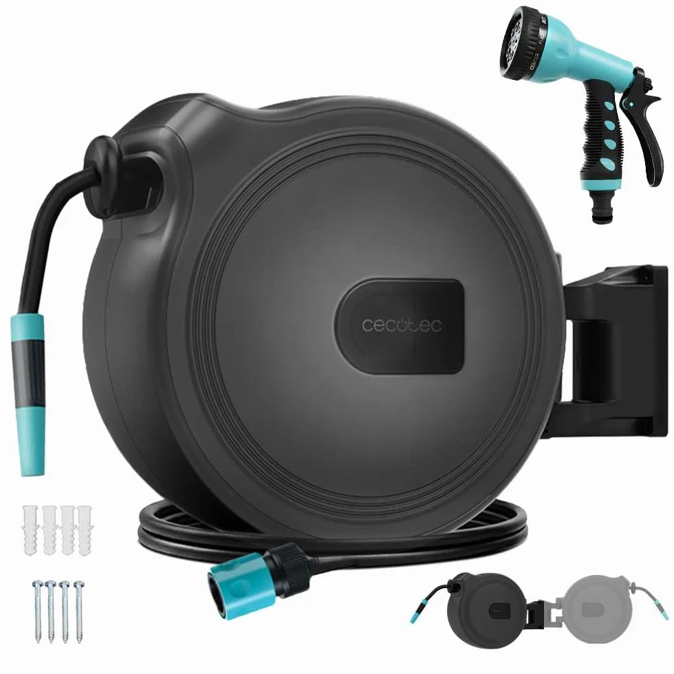 Cecotec Enrouleur de Tuyau HydroShell 30 30m SlowReturn Portable Ergonomique Buse Simple Pistolet 8 Fonctions Connexion Universelle 3en1