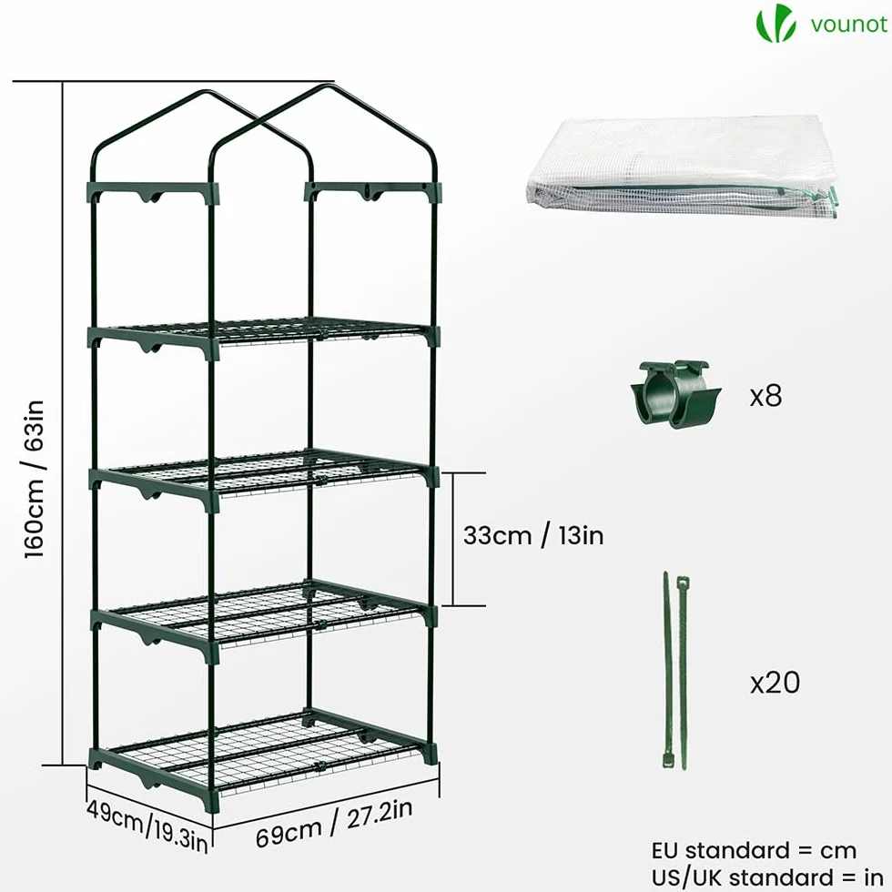 VOUNOT® Serre de Jardin PE avec Étagères 4 Niveaux Serre de Jardin pour Légumes Plantes Fleurs Bâche Renforcée 135g/m2 Protéger Vos Plantes en Toutes Saisons 69x49x160cm