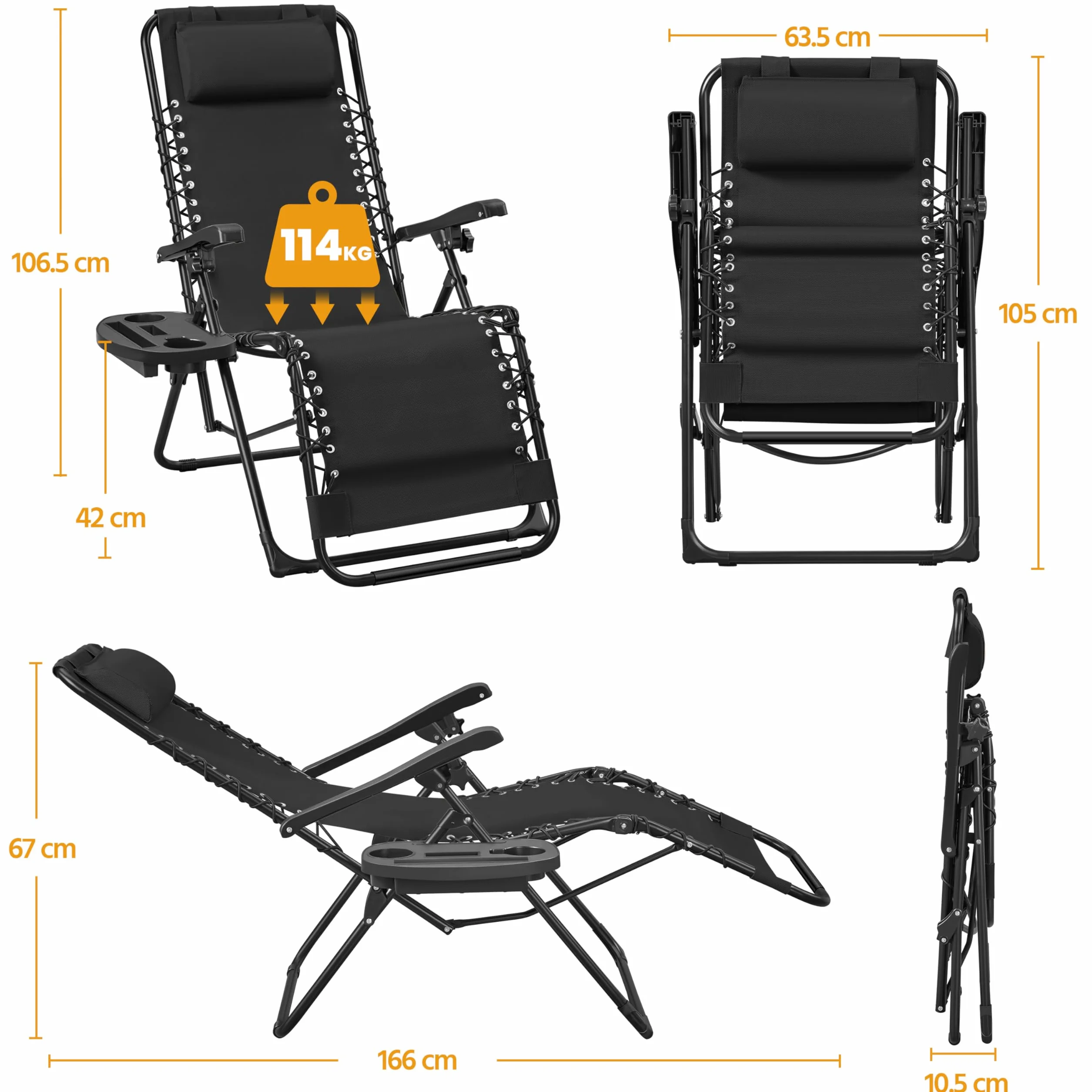Transat en Textilène avec Plateau Amovible, Lot de 2 Chaise Longue Pliante Zéro Gravité Inclinable, Fauteuil Relax pour Bain de Soleil, Charge 114kg Noir
