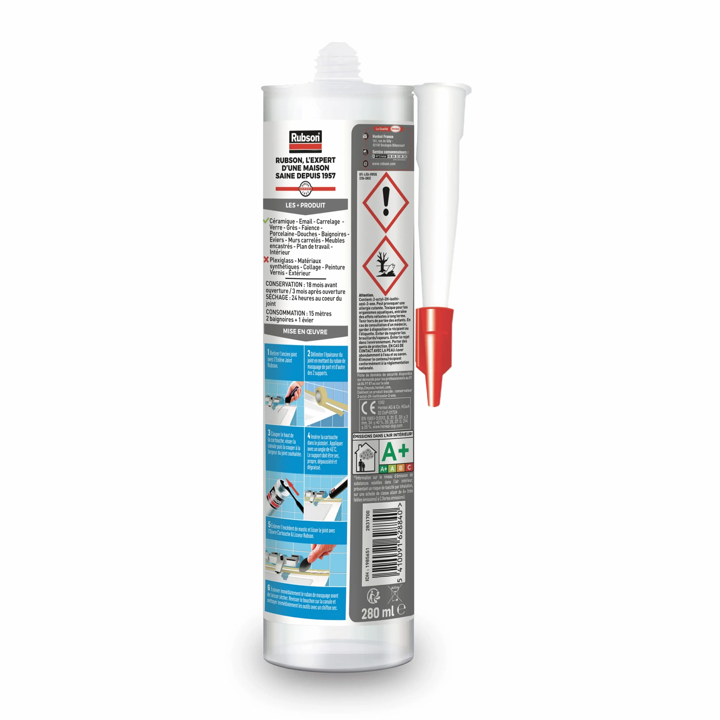 Rubson Mastic Bain & Cuisine Silicone Évite Les Moisissures Blanc 280 ml Antifongique