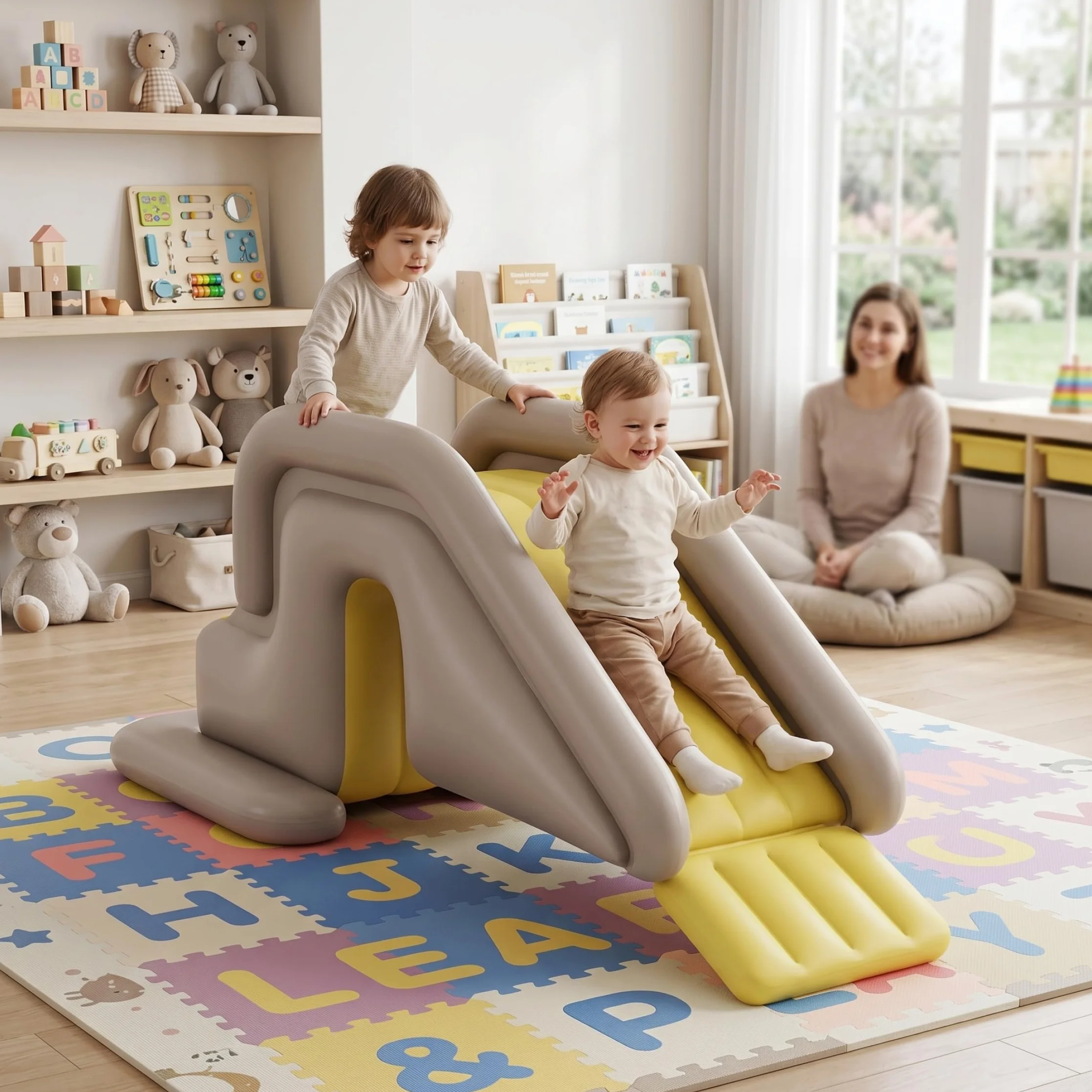 Toboggan de piscine gonflable, toboggan de piscine avec large base remplissable d'eau - Installation et rangement faciles PVC intérieur/extérieur pour enfants et adultes (kaki, avec pompe à pied), na